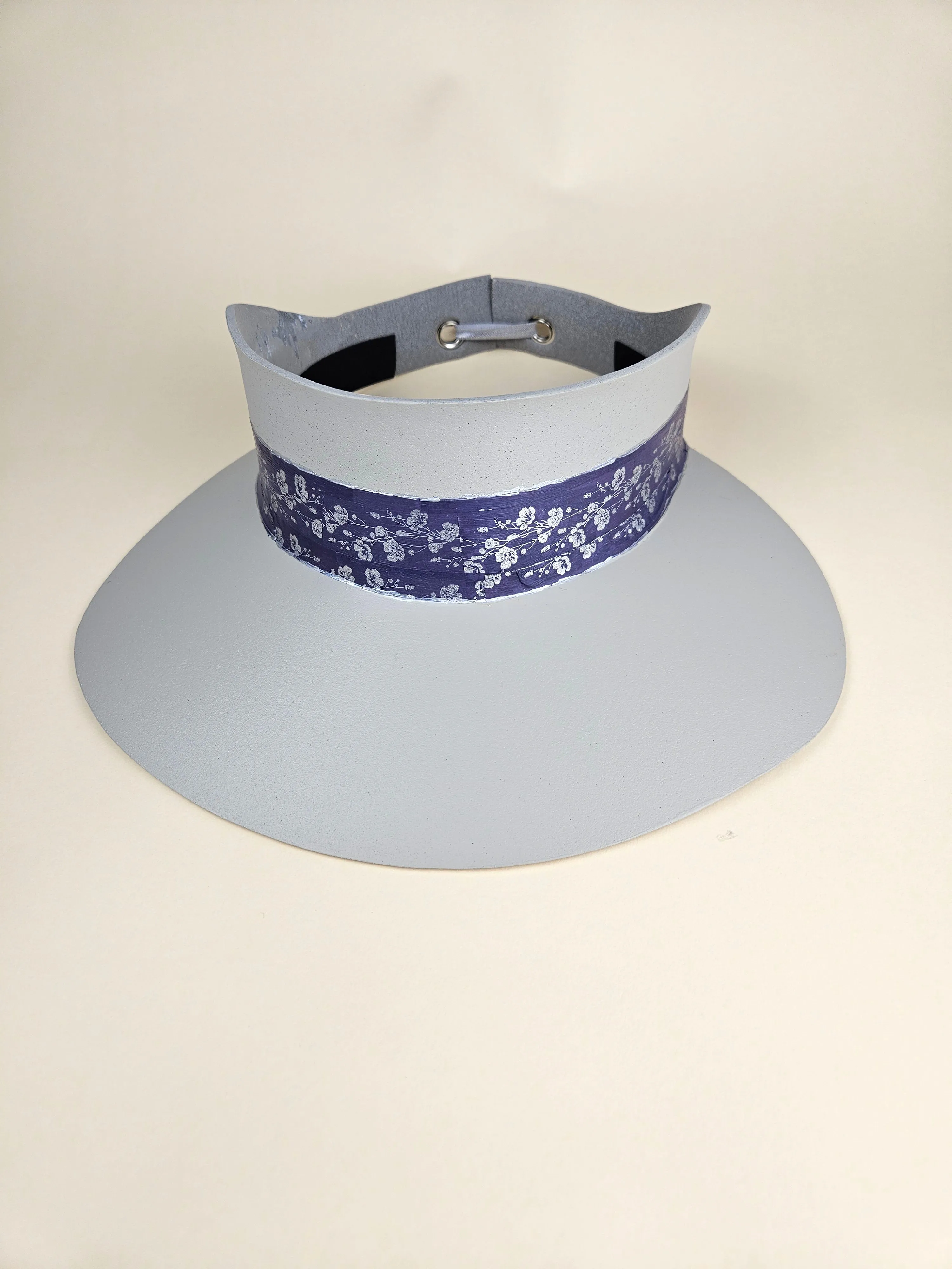 Tall Gray "LadyEVA" Visor Hat with Blue Purple and Silver Floral Band