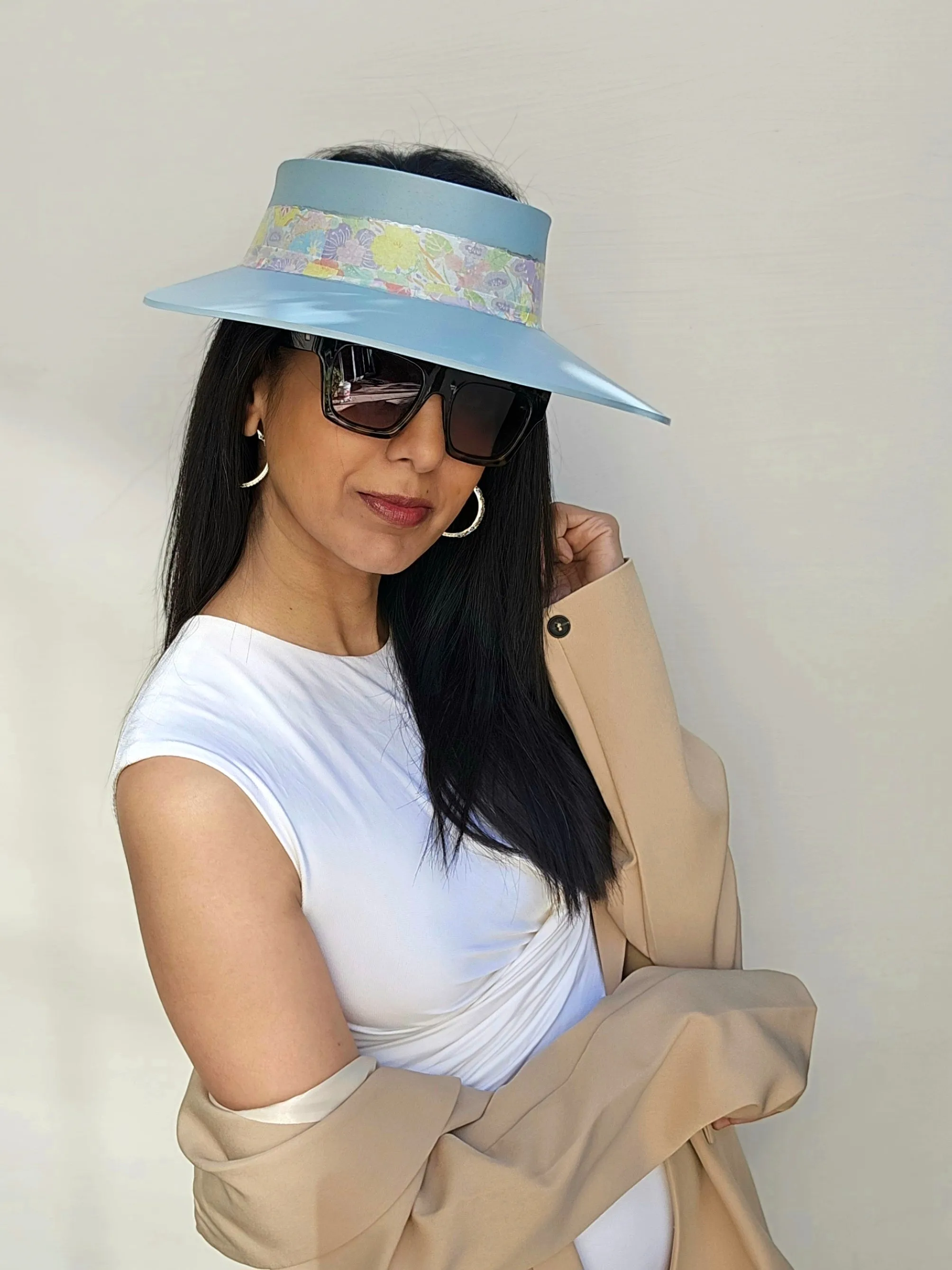 Tall Light Blue "LadyEVA" Visor Hat with Bright Pastel Floral Band