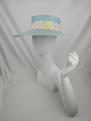 Tall Light Blue "LadyEVA" Visor Hat with Bright Pastel Floral Band