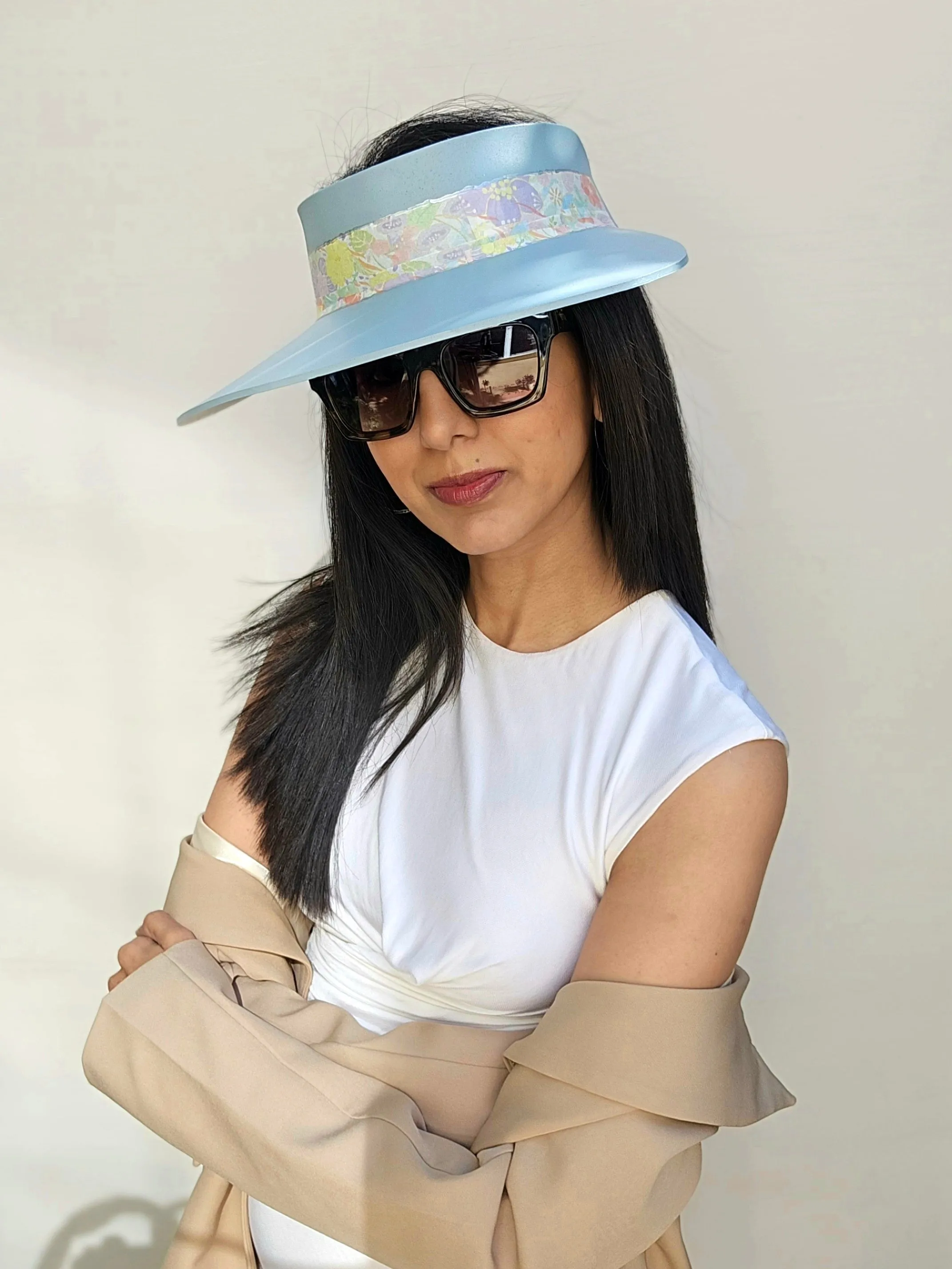 Tall Light Blue "LadyEVA" Visor Hat with Bright Pastel Floral Band