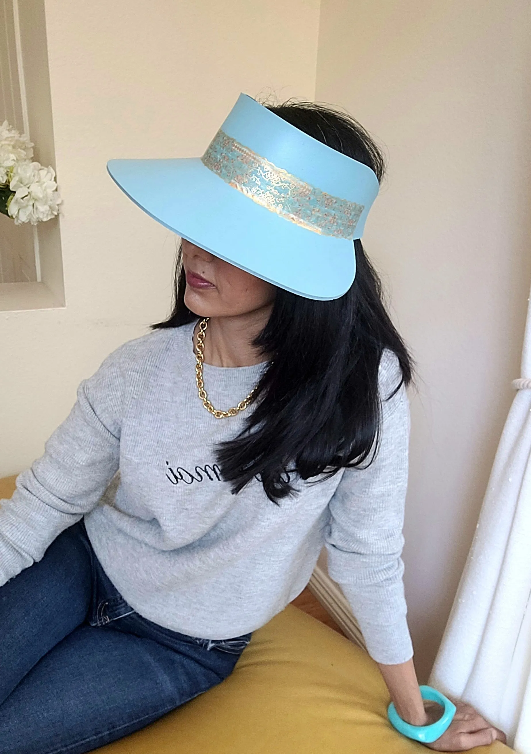 Tall Light Blue "LadyEVA" Visor Hat with Golden Band