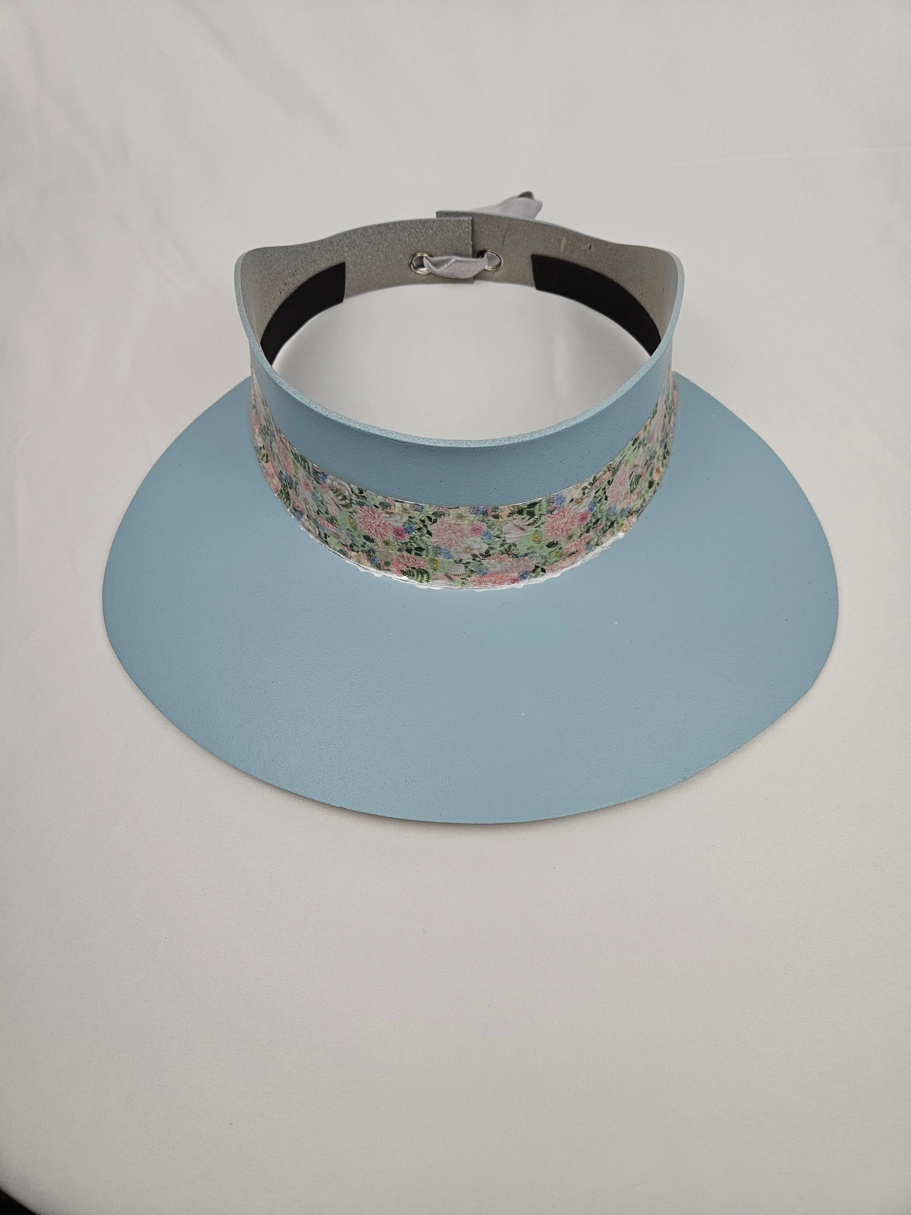 Tall Light Blue "LadyEVA" Visor Hat with Pink Garden Themed Band