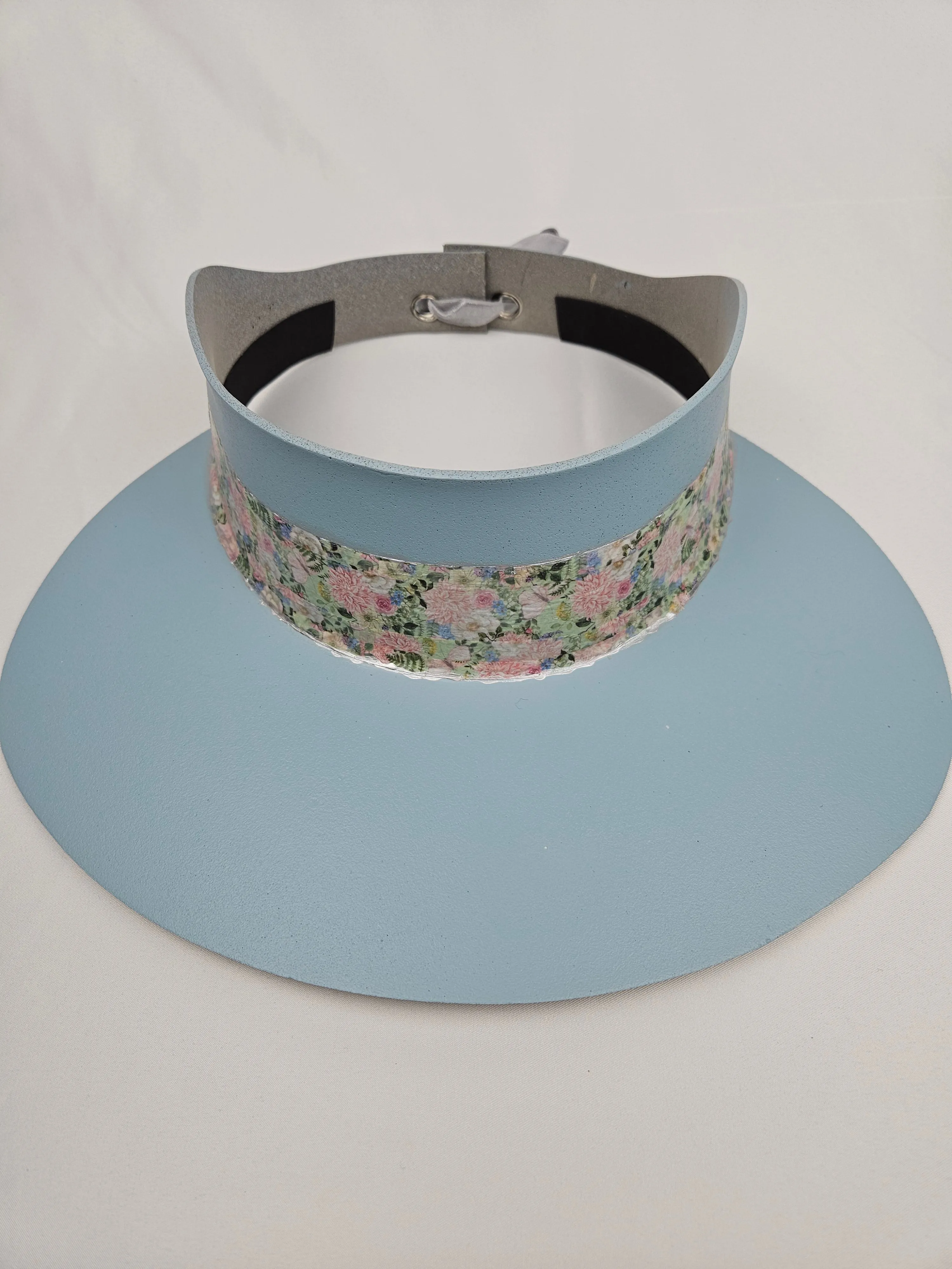 Tall Light Blue "LadyEVA" Visor Hat with Pink Garden Themed Band