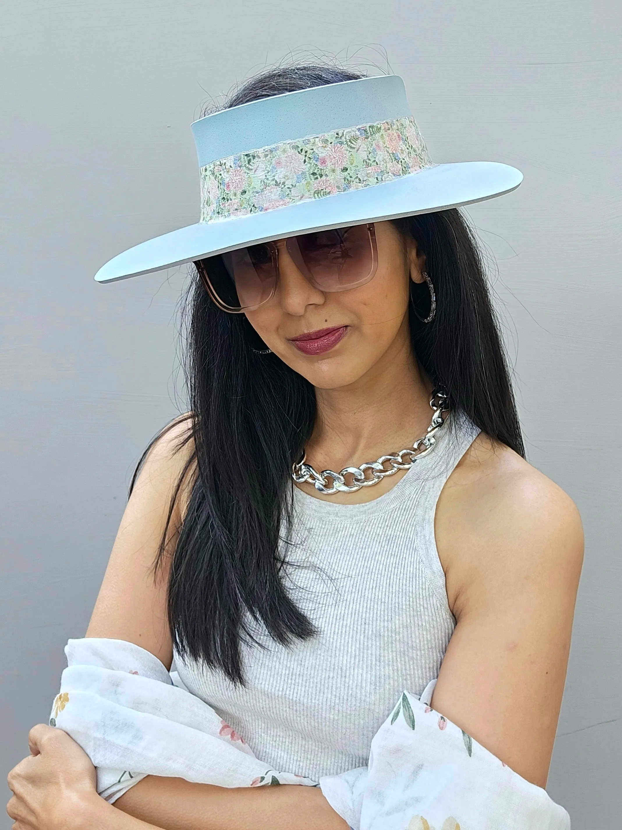 Tall Light Blue "LadyEVA" Visor Hat with Pink Garden Themed Band