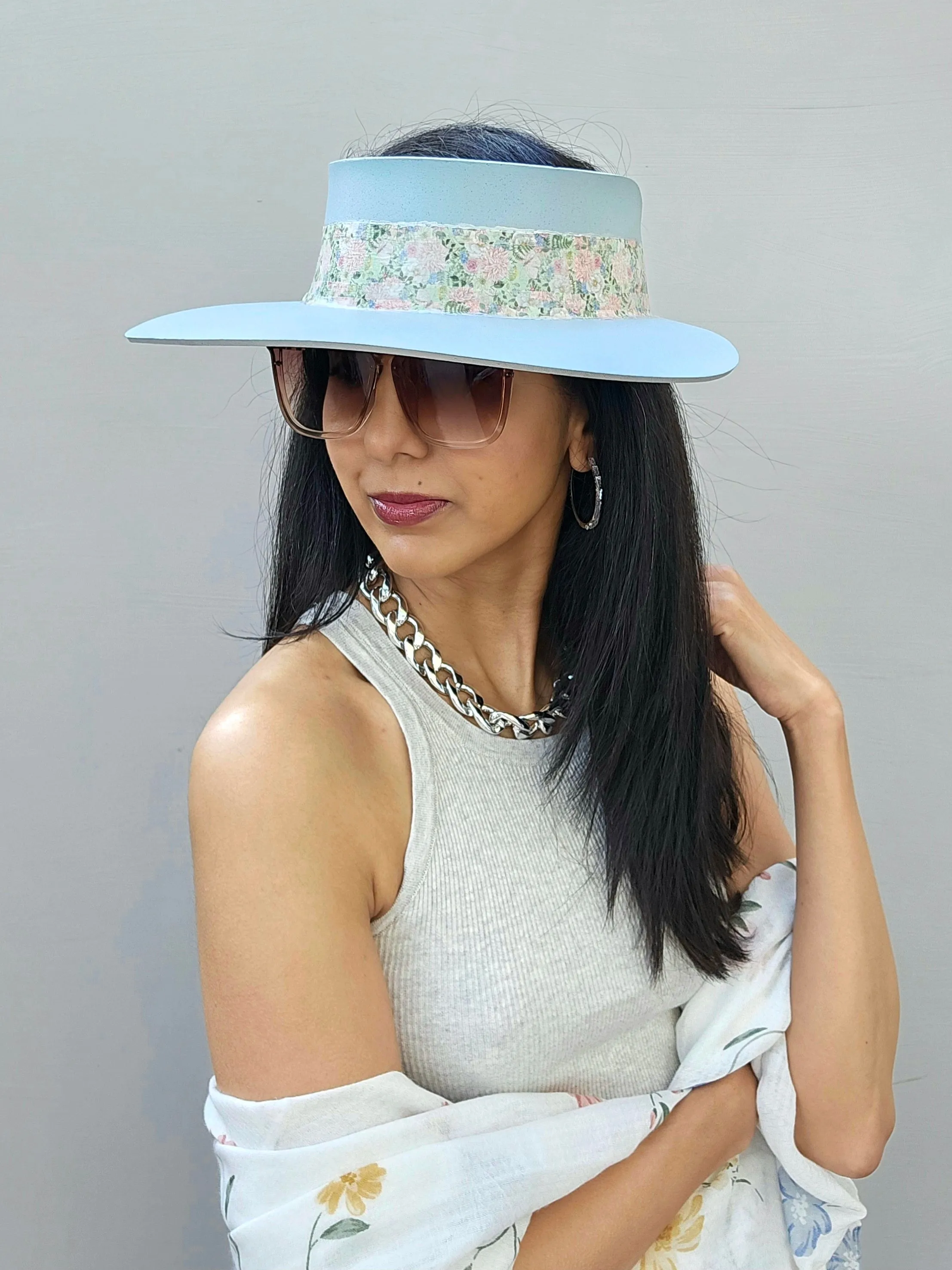 Tall Light Blue "LadyEVA" Visor Hat with Pink Garden Themed Band