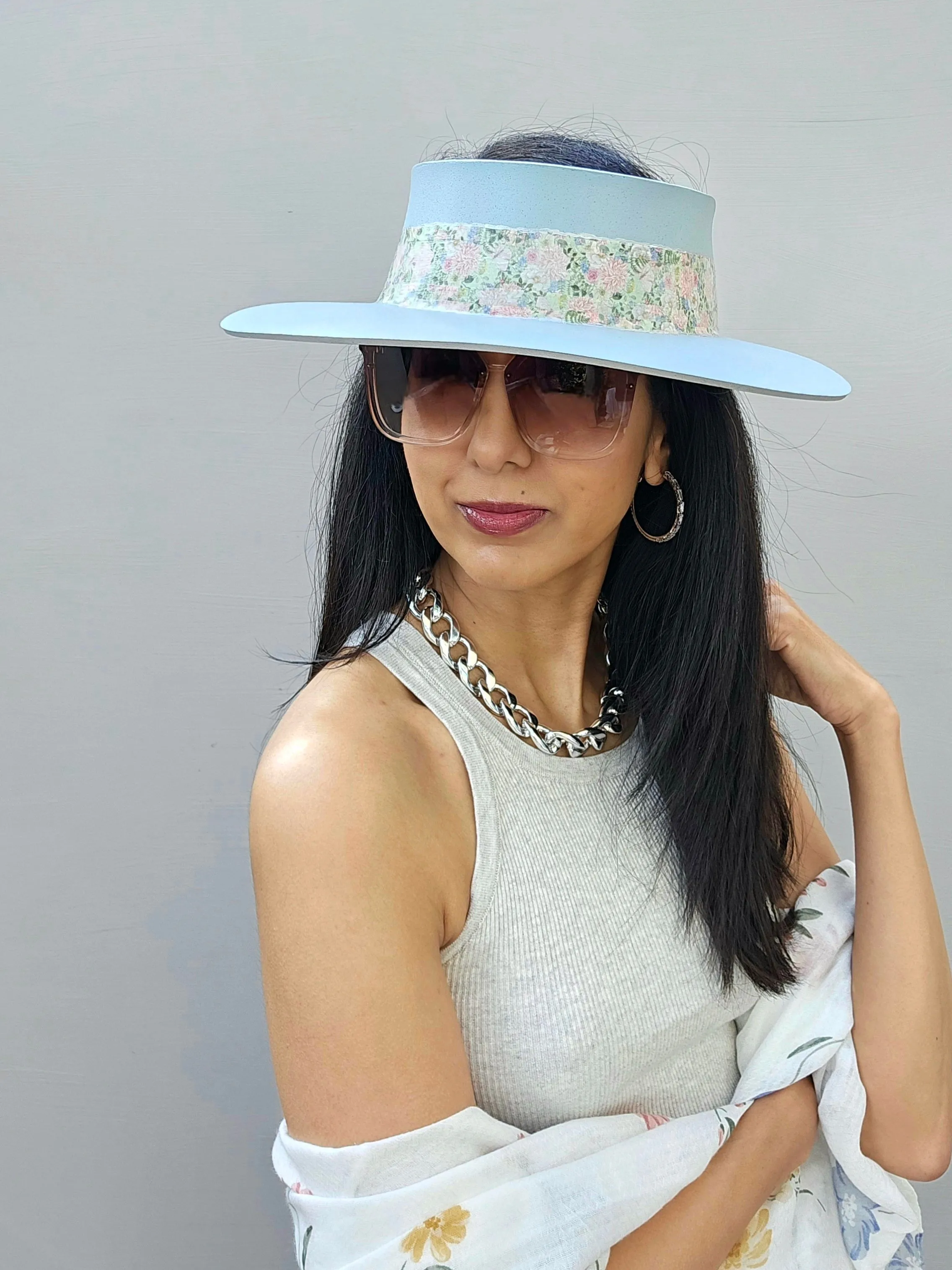 Tall Light Blue "LadyEVA" Visor Hat with Pink Garden Themed Band