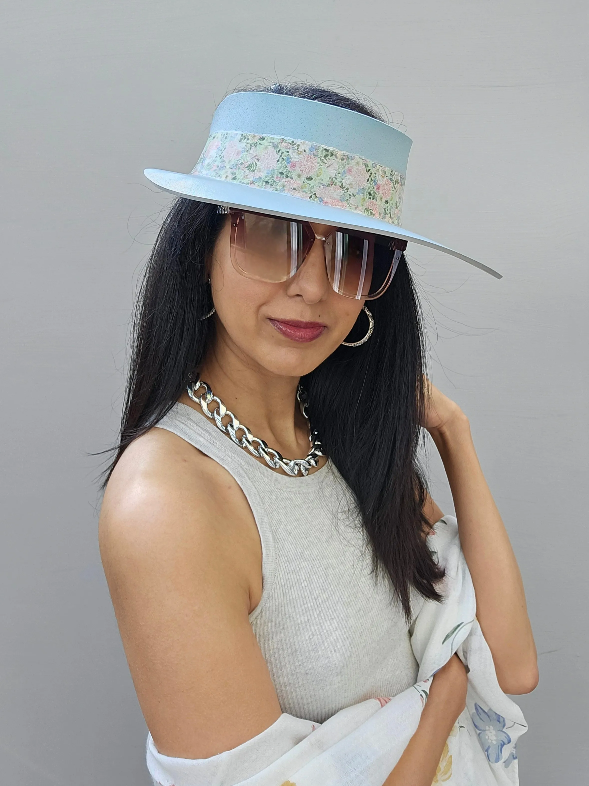 Tall Light Blue "LadyEVA" Visor Hat with Pink Garden Themed Band