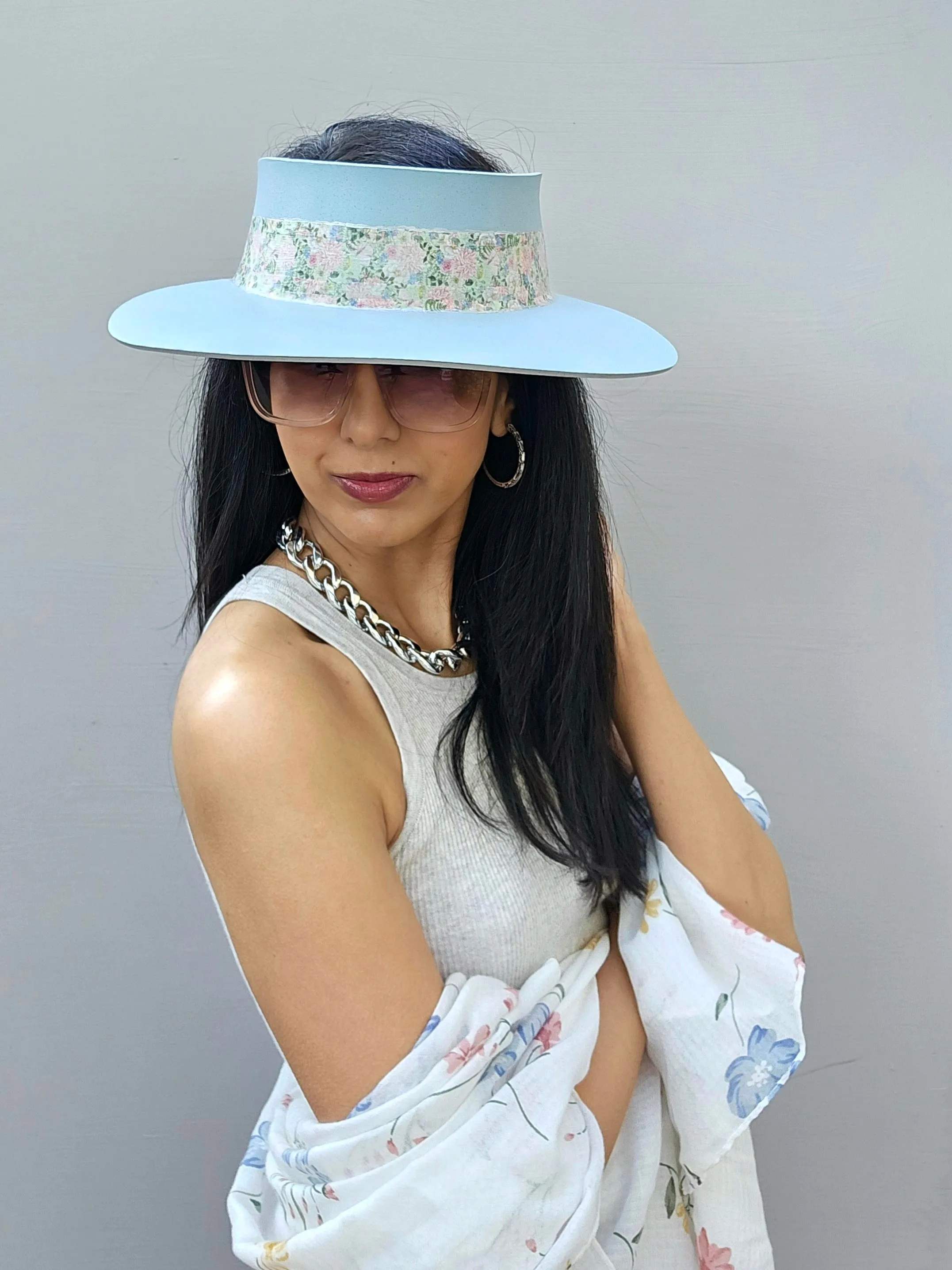 Tall Light Blue "LadyEVA" Visor Hat with Pink Garden Themed Band