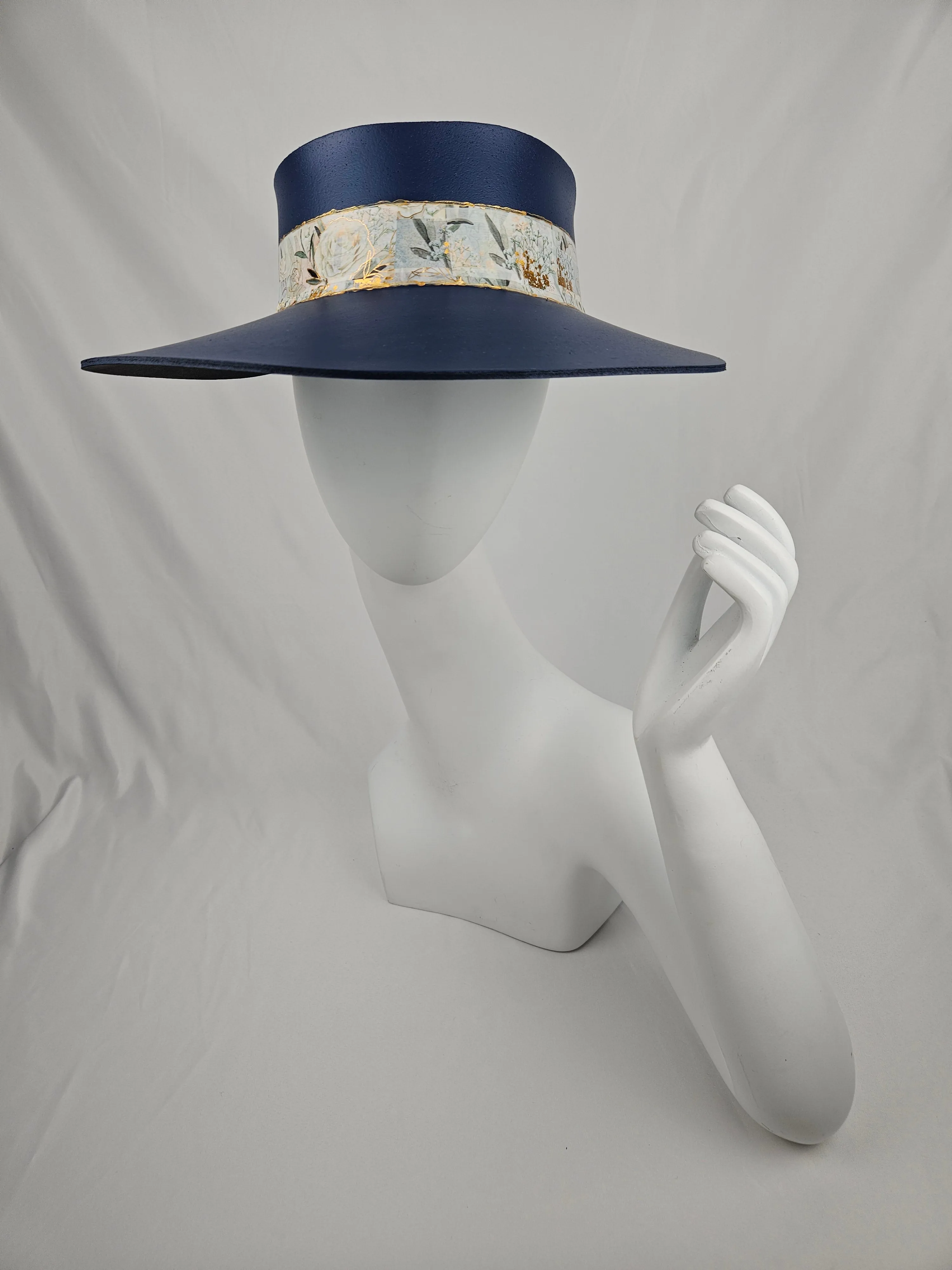 Tall Navy Blue "LadyEVA" Visor Hat with Golden Floral Band