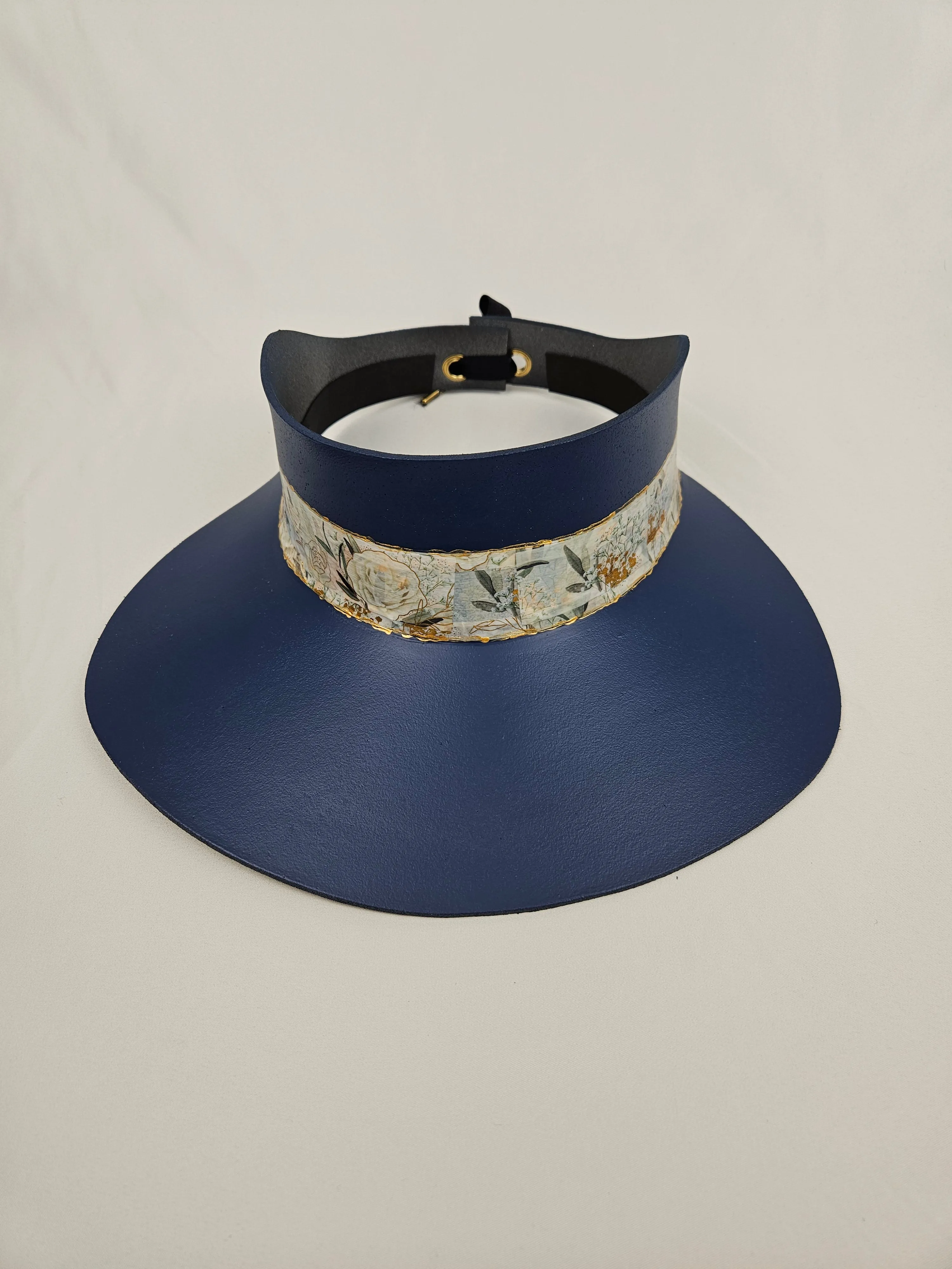 Tall Navy Blue "LadyEVA" Visor Hat with Golden Floral Band