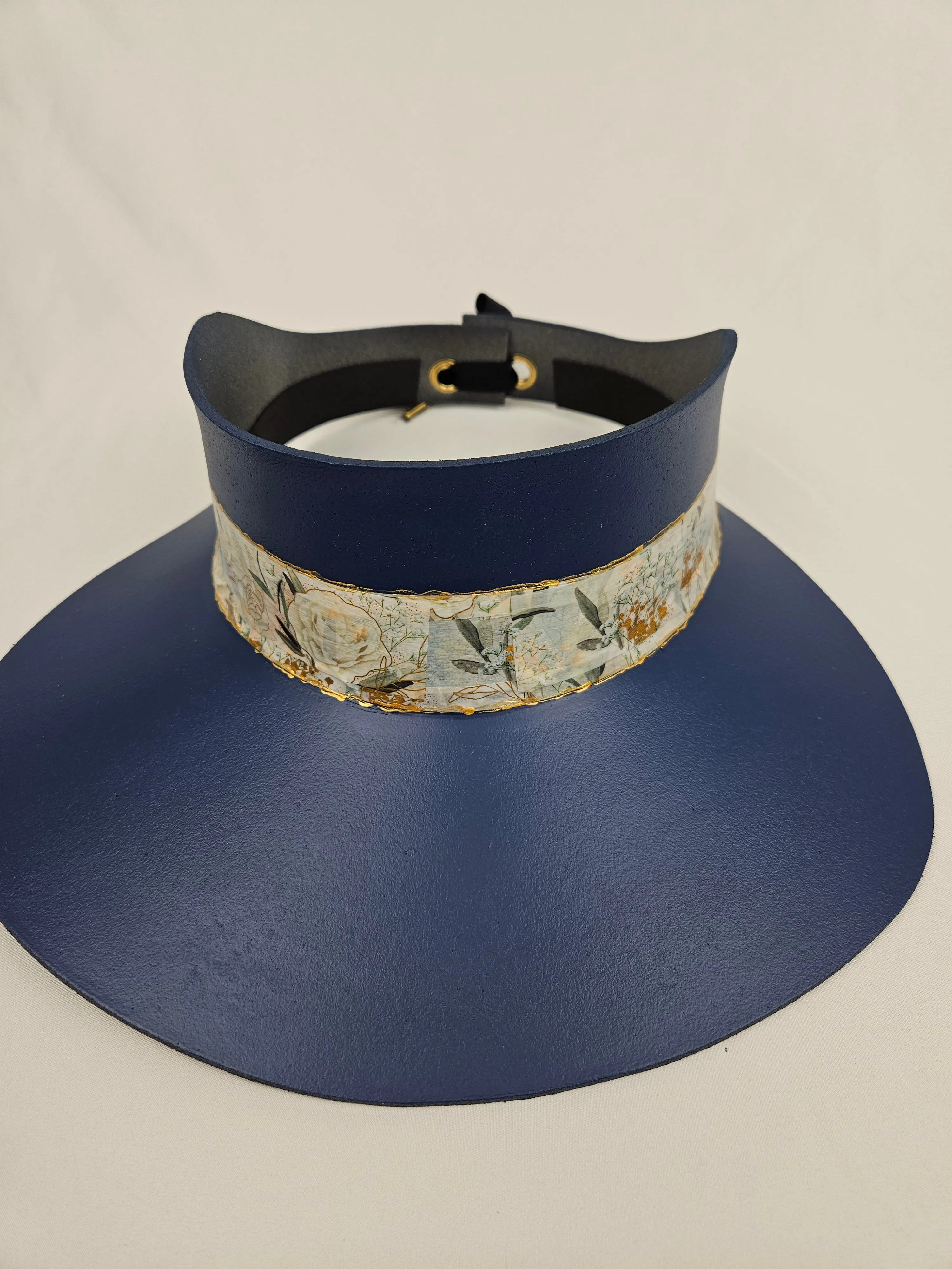 Tall Navy Blue "LadyEVA" Visor Hat with Golden Floral Band