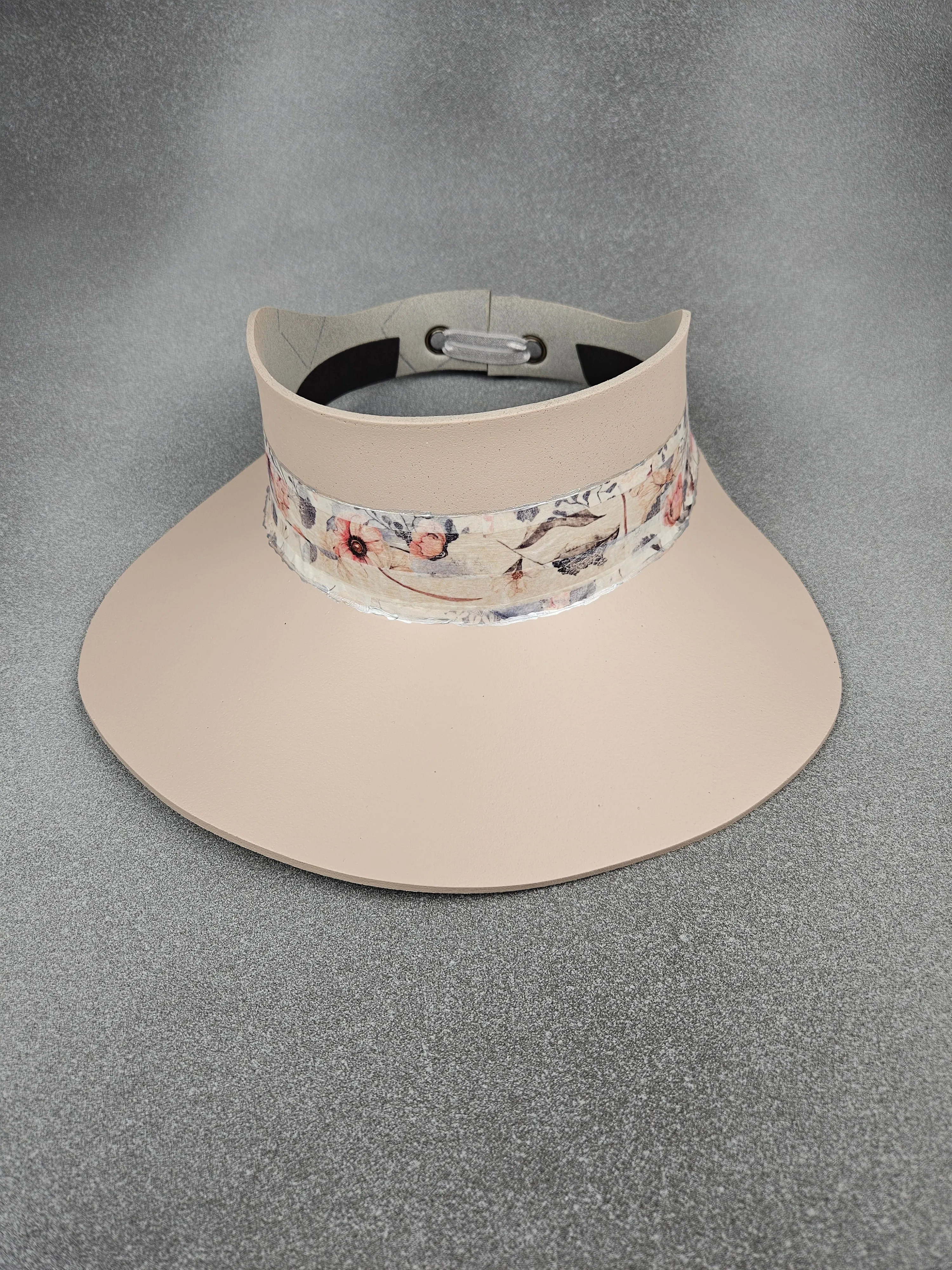 Tall Peachy Beige "LadyEVA" Visor Hat with Pink Floral Band