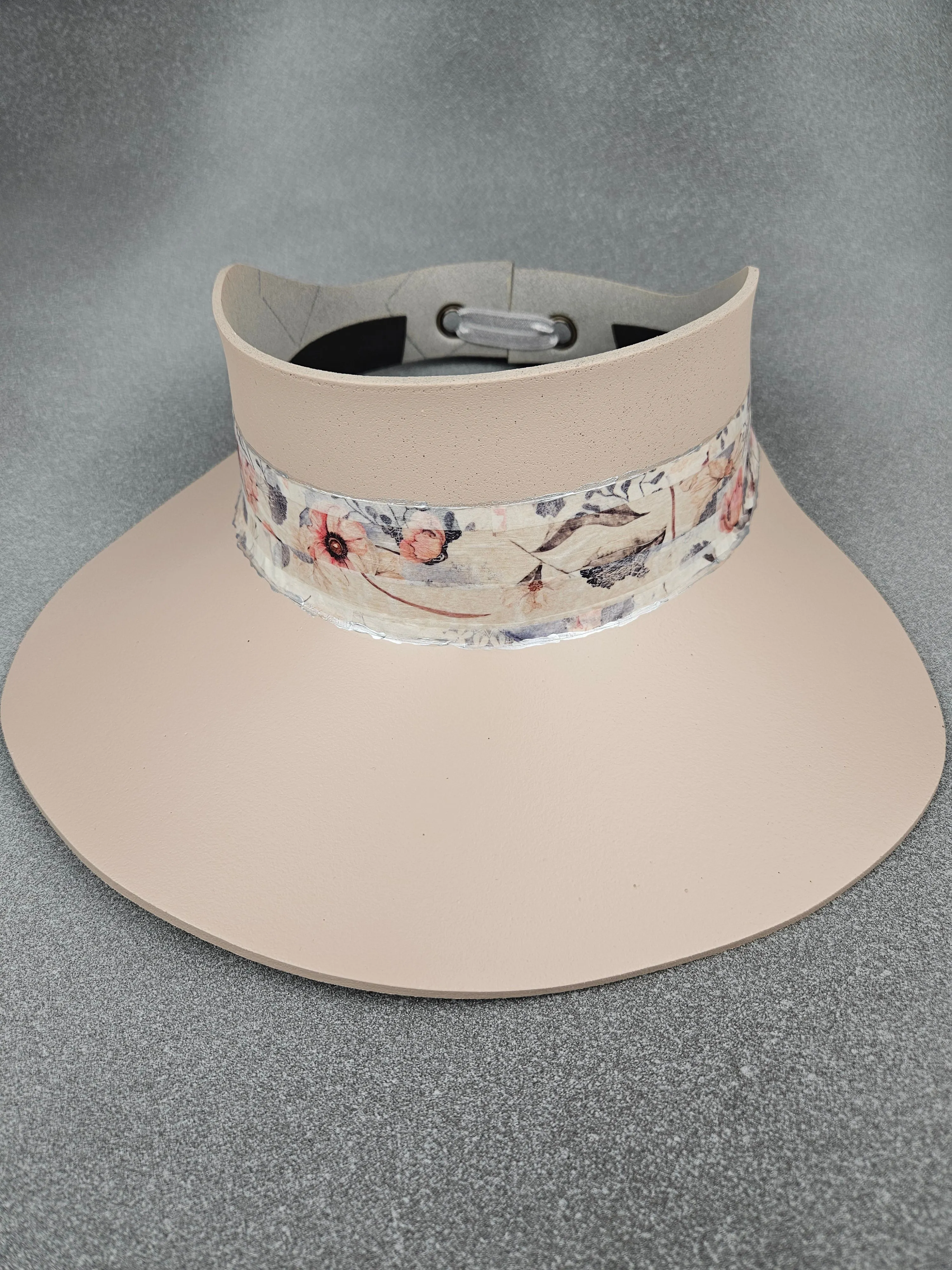 Tall Peachy Beige "LadyEVA" Visor Hat with Pink Floral Band