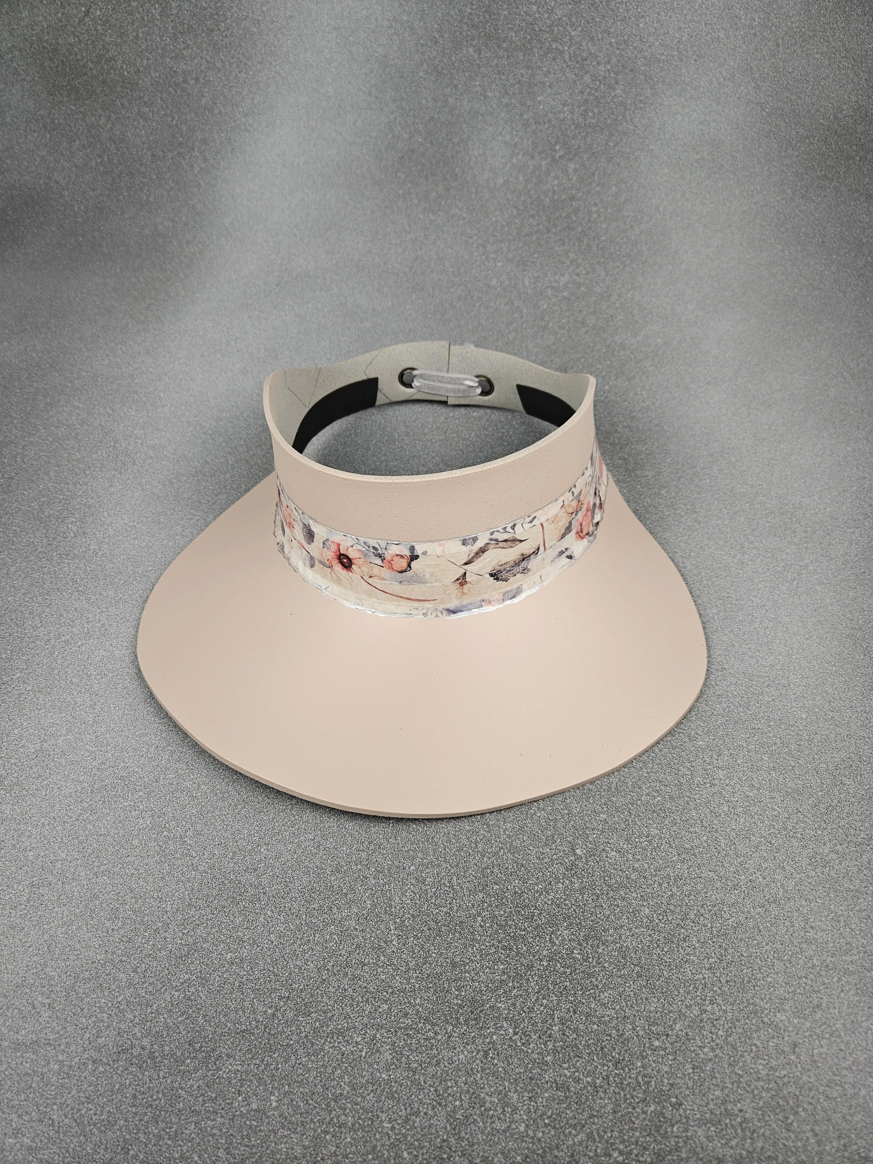 Tall Peachy Beige "LadyEVA" Visor Hat with Pink Floral Band