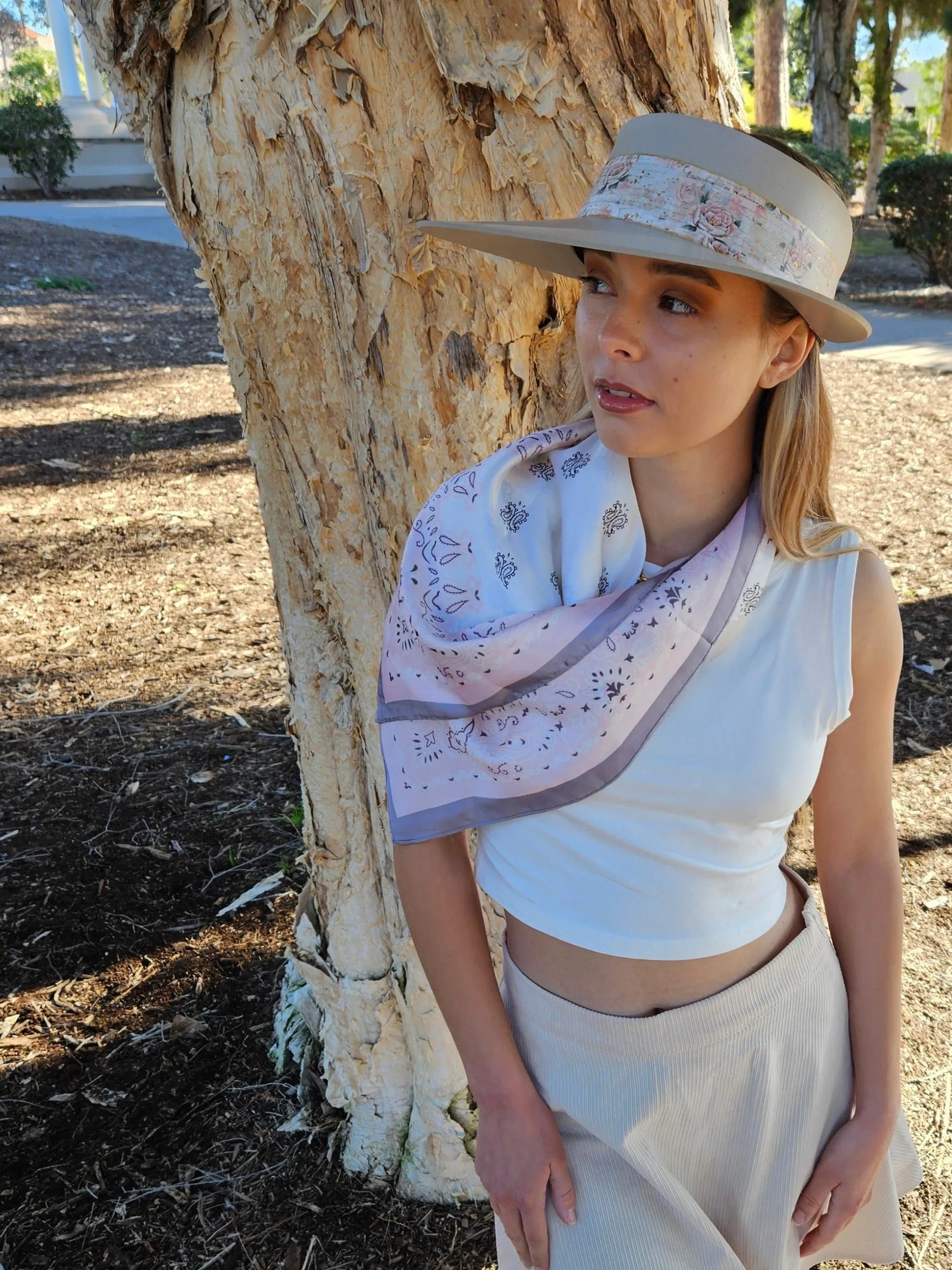 Tall Taupe "LadyEVA" Visor Hat with Delicate Pink Floral  Band