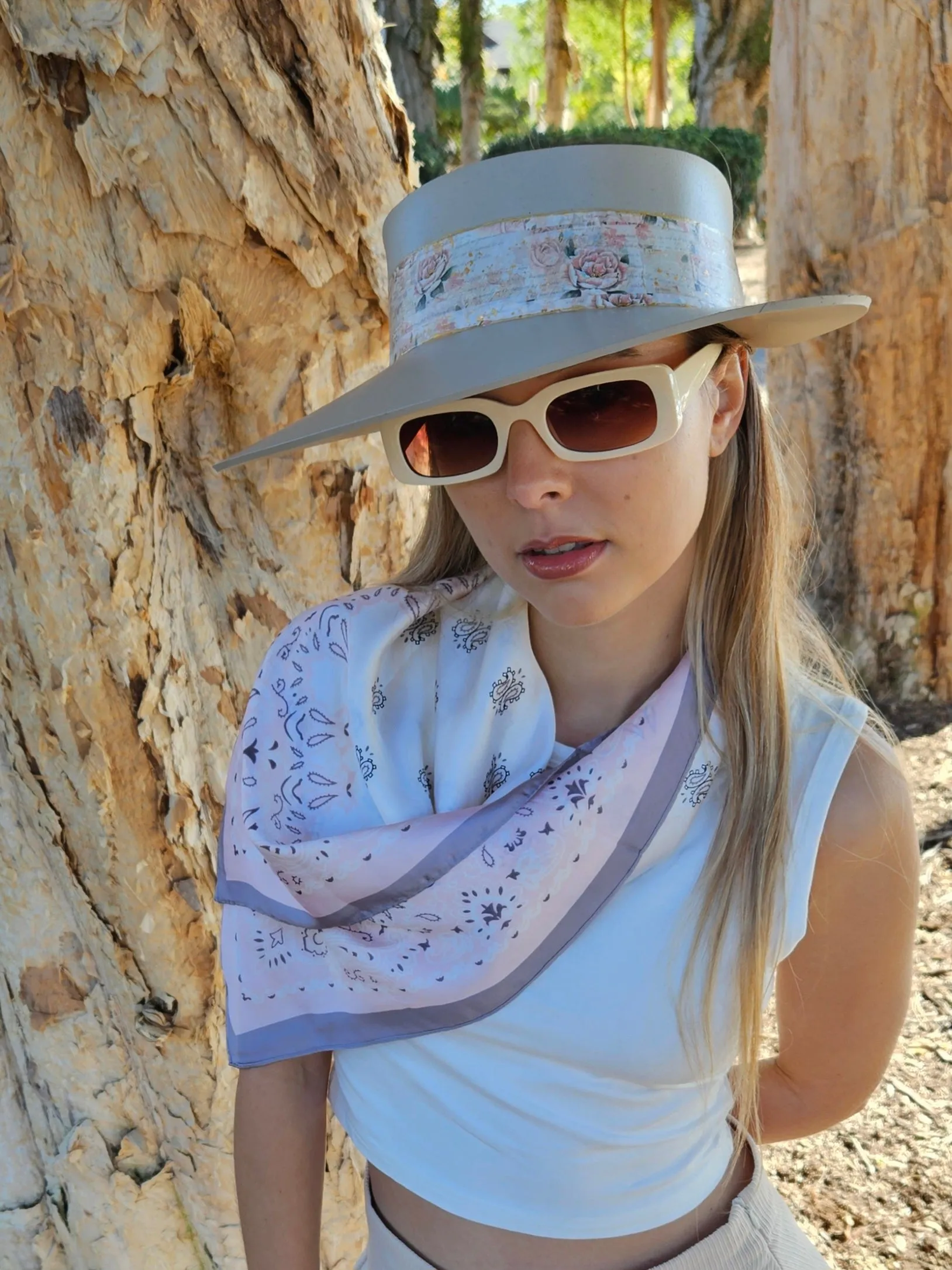 Tall Taupe "LadyEVA" Visor Hat with Delicate Pink Floral  Band