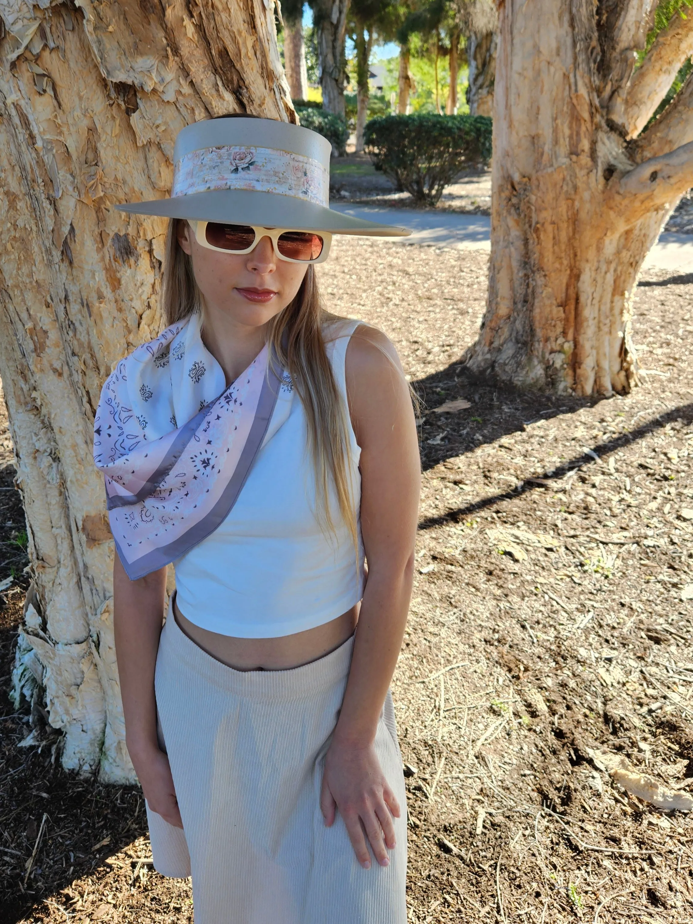 Tall Taupe "LadyEVA" Visor Hat with Delicate Pink Floral  Band