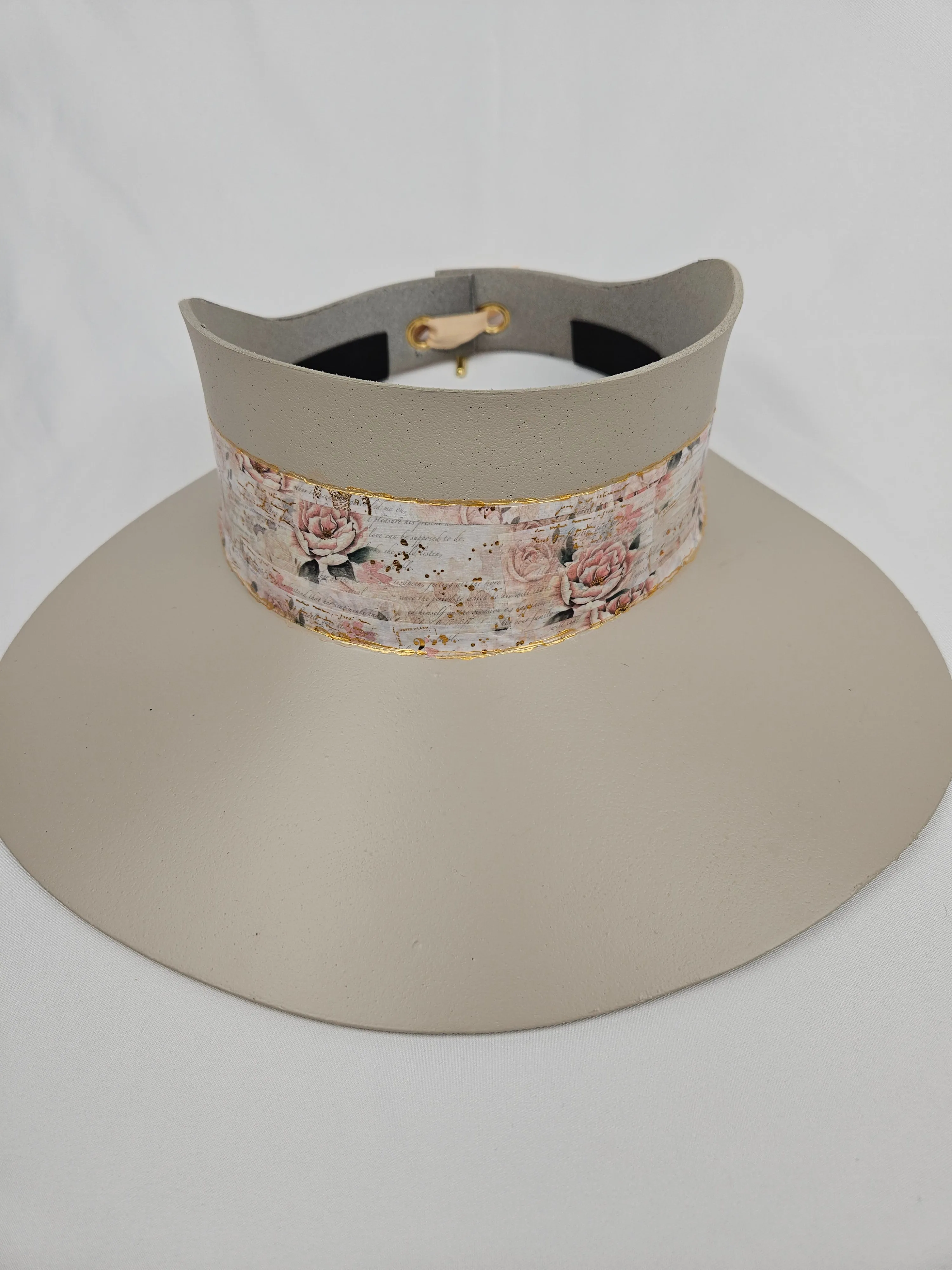 Tall Taupe "LadyEVA" Visor Hat with Delicate Pink Floral  Band