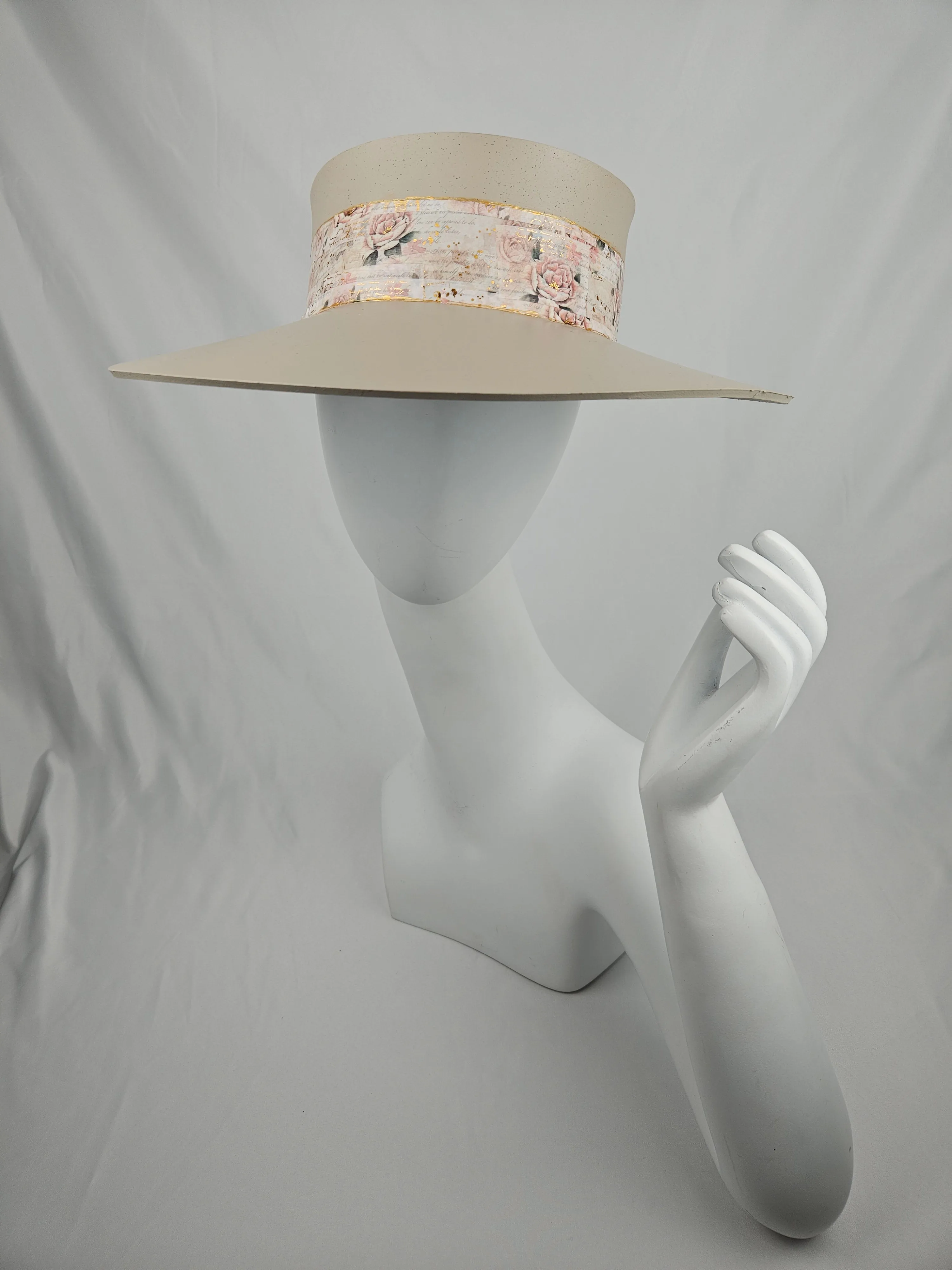 Tall Taupe "LadyEVA" Visor Hat with Delicate Pink Floral  Band