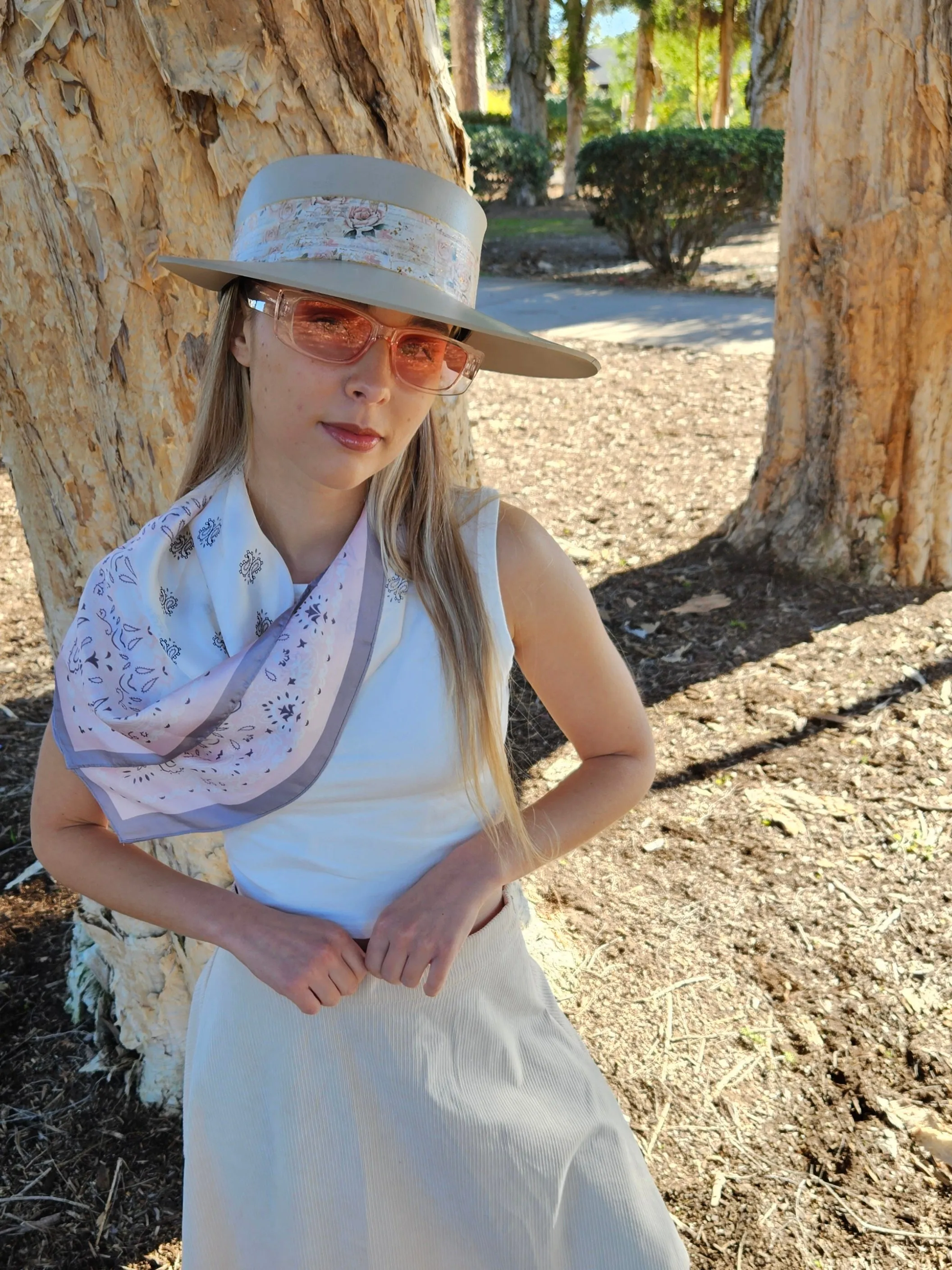 Tall Taupe "LadyEVA" Visor Hat with Delicate Pink Floral  Band