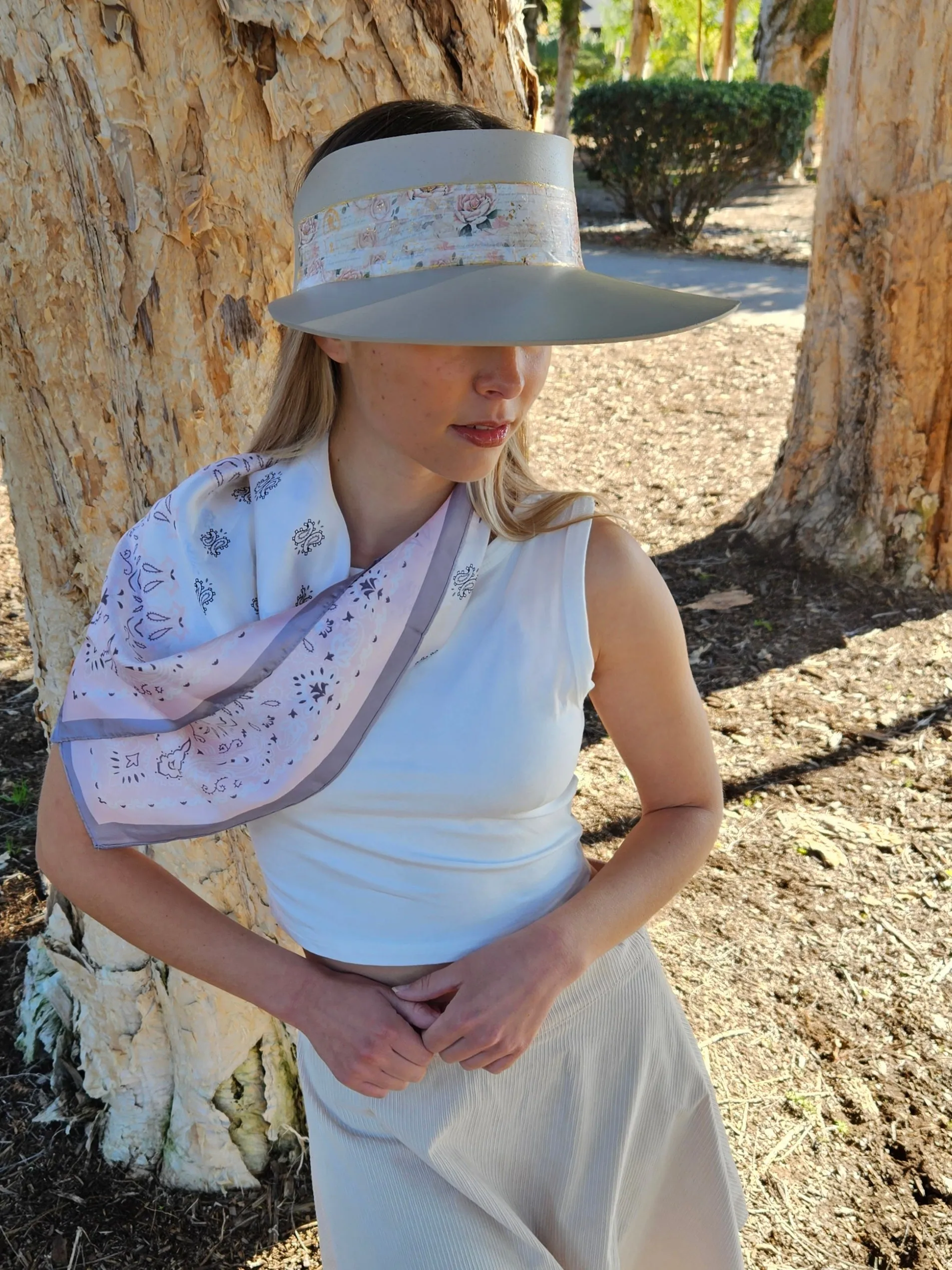 Tall Taupe "LadyEVA" Visor Hat with Delicate Pink Floral  Band