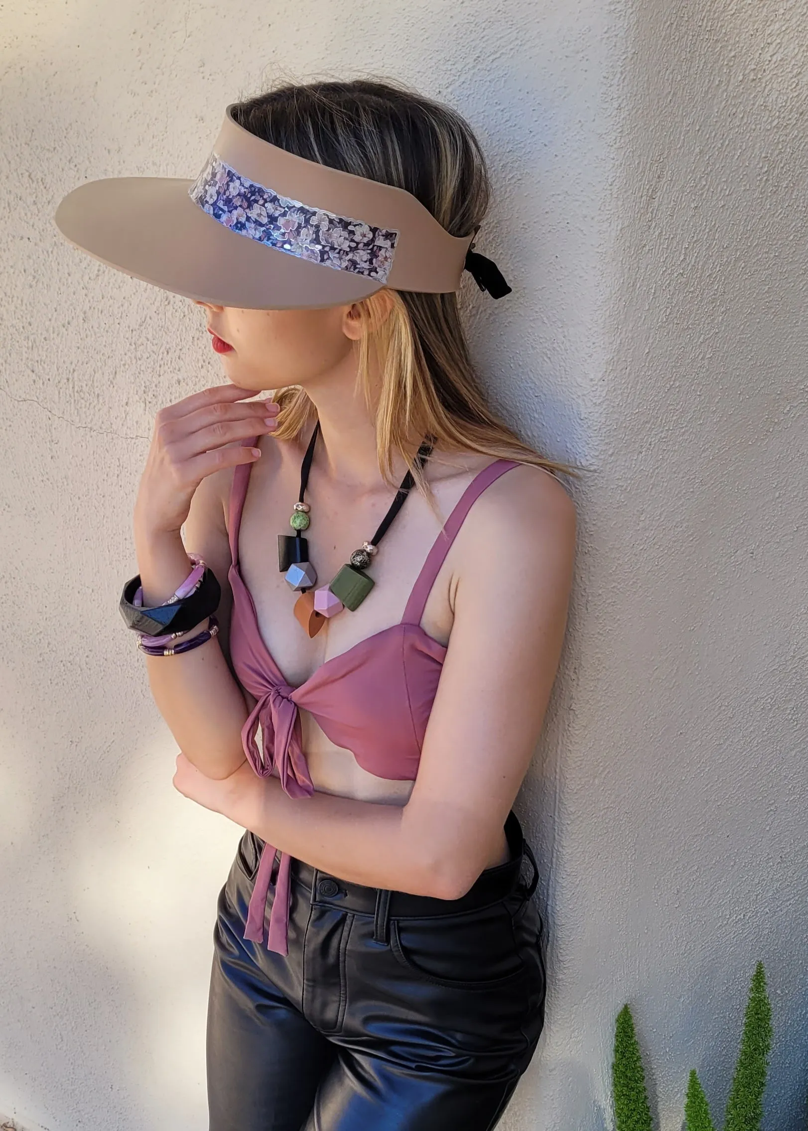 Tan "LadyEVA" Visor Hat with Dark Floral Band and Silver Accents