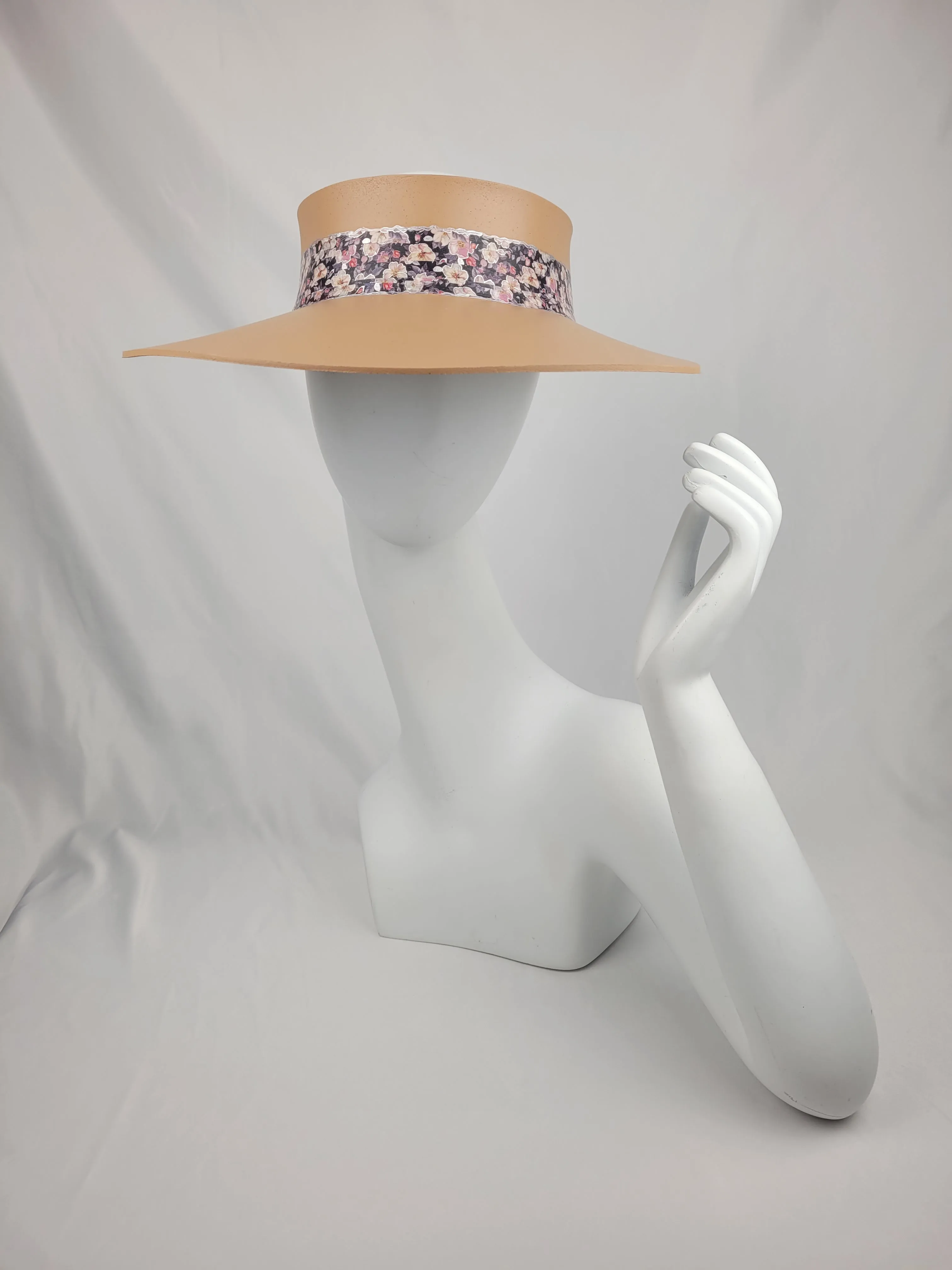 Tan "LadyEVA" Visor Hat with Dark Floral Band and Silver Accents