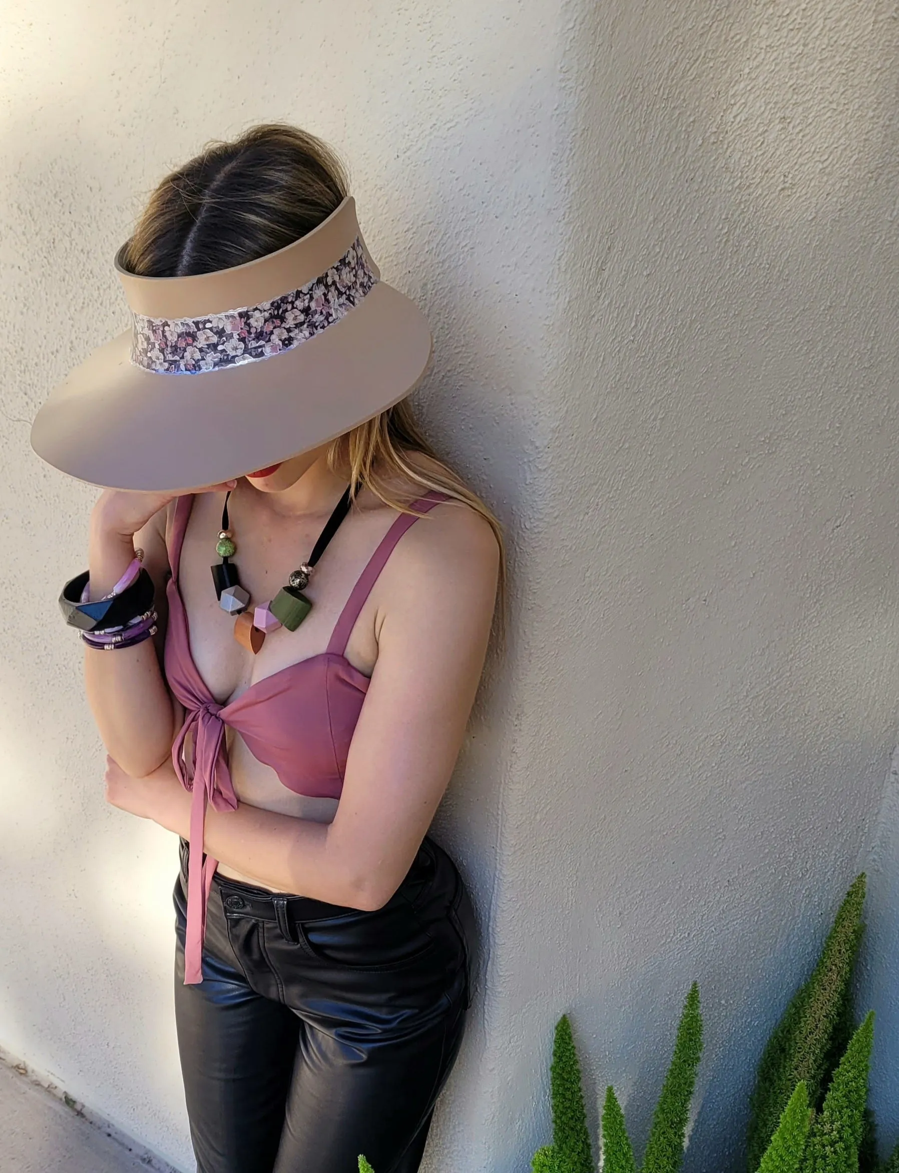 Tan "LadyEVA" Visor Hat with Dark Floral Band and Silver Accents