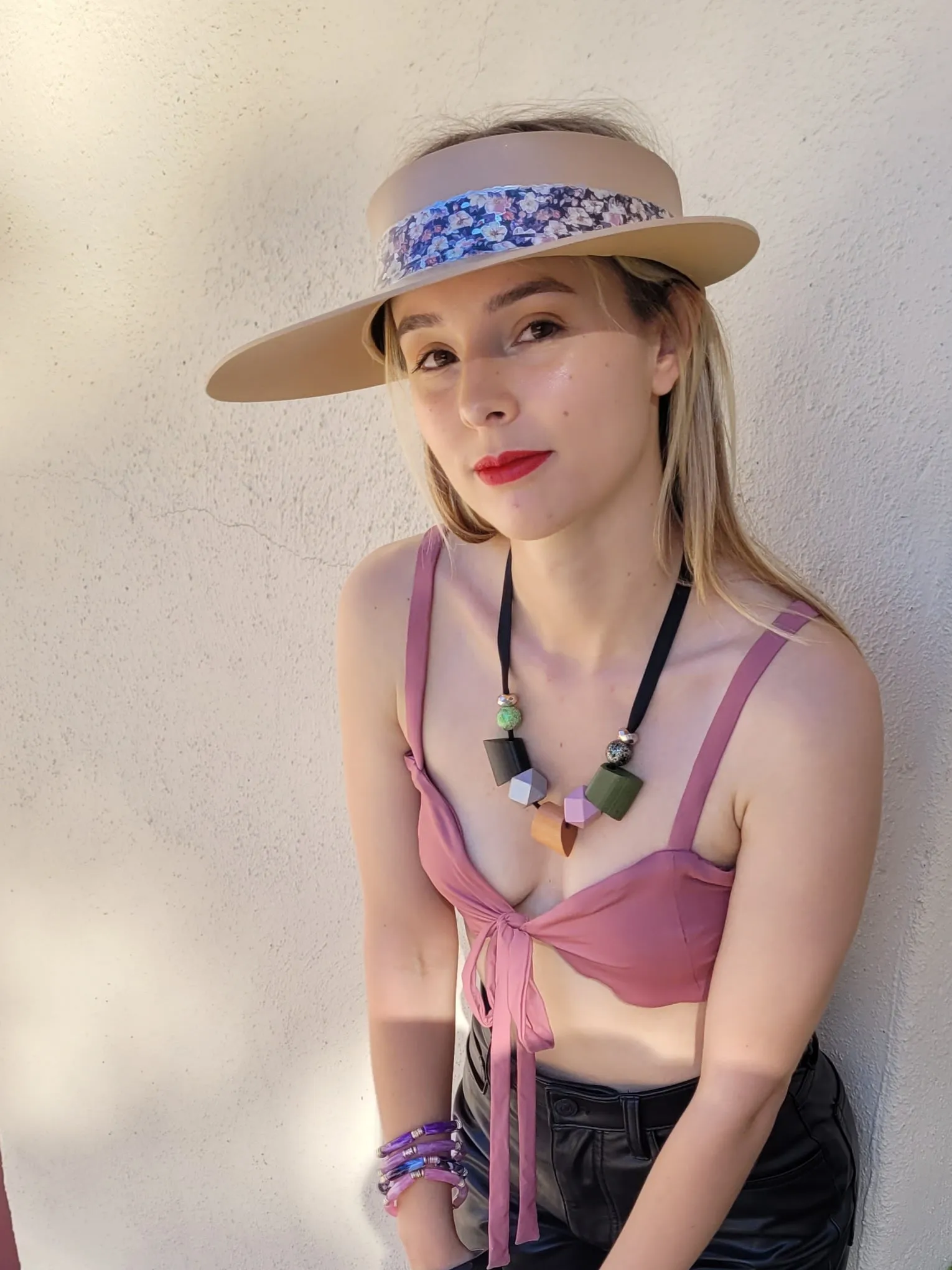 Tan "LadyEVA" Visor Hat with Dark Floral Band and Silver Accents