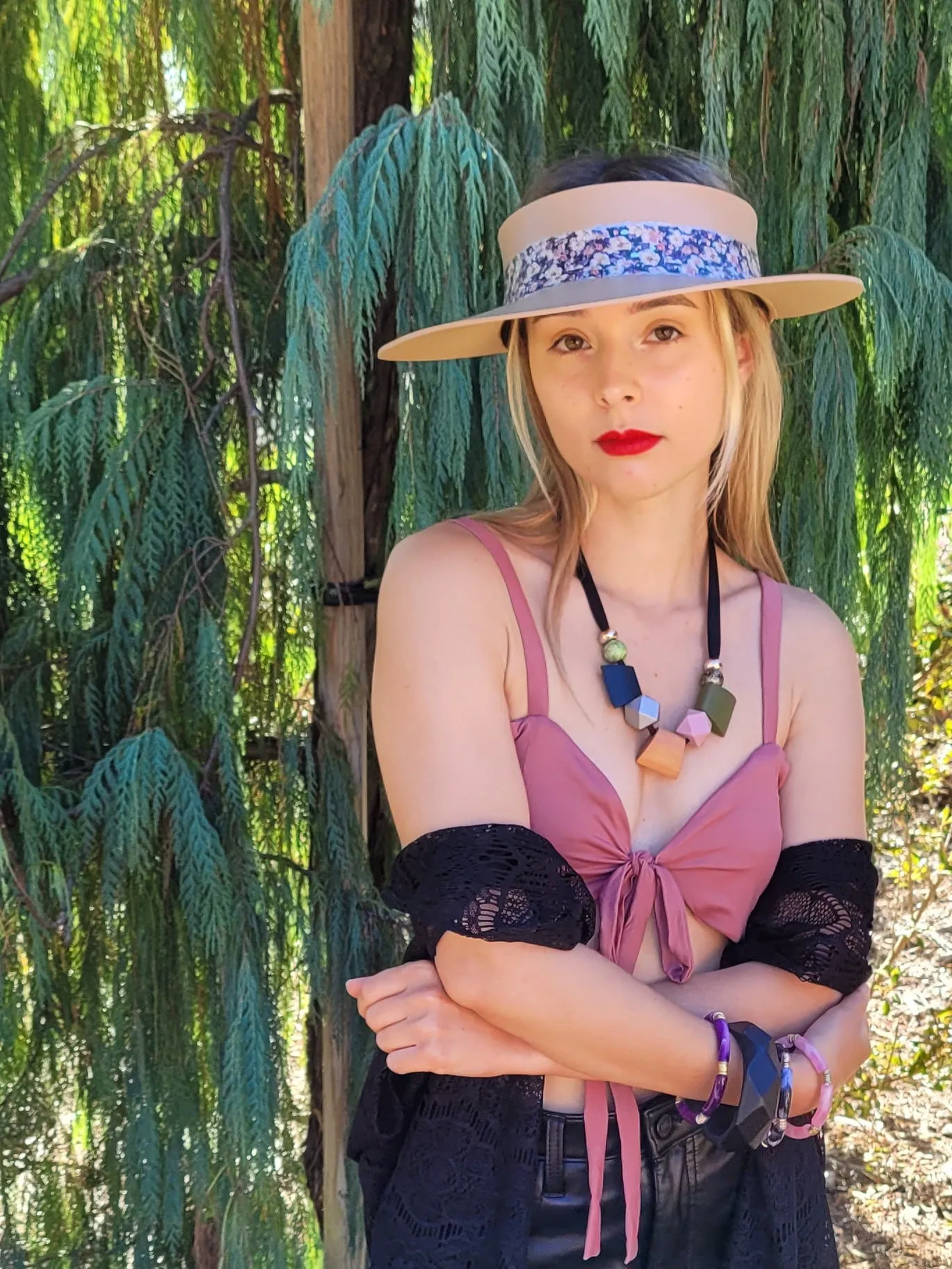 Tan "LadyEVA" Visor Hat with Dark Floral Band and Silver Accents