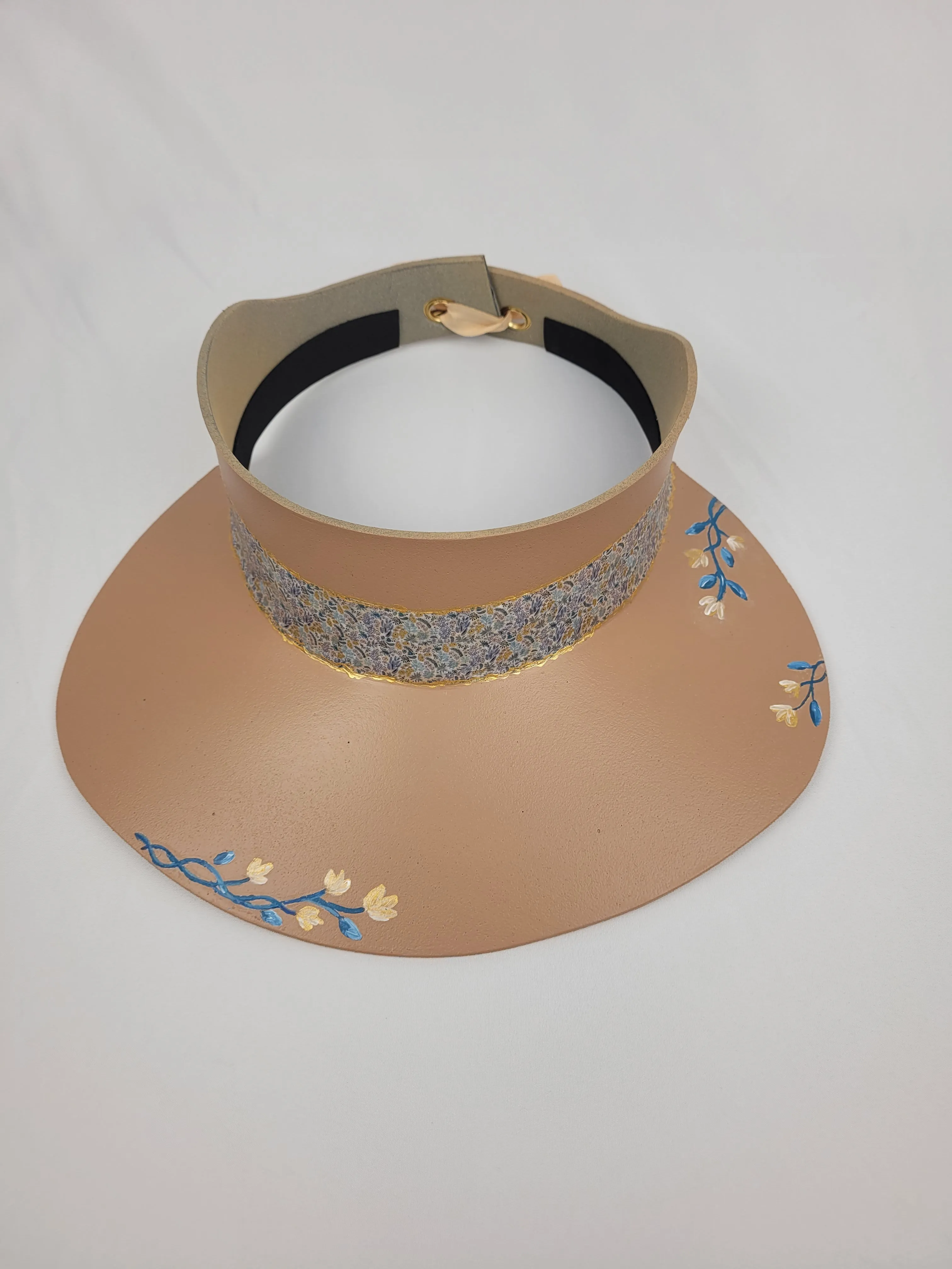 Tan "LadyEVA" Visor Hat with Floral Band and Handpainted Blue Floral Motif