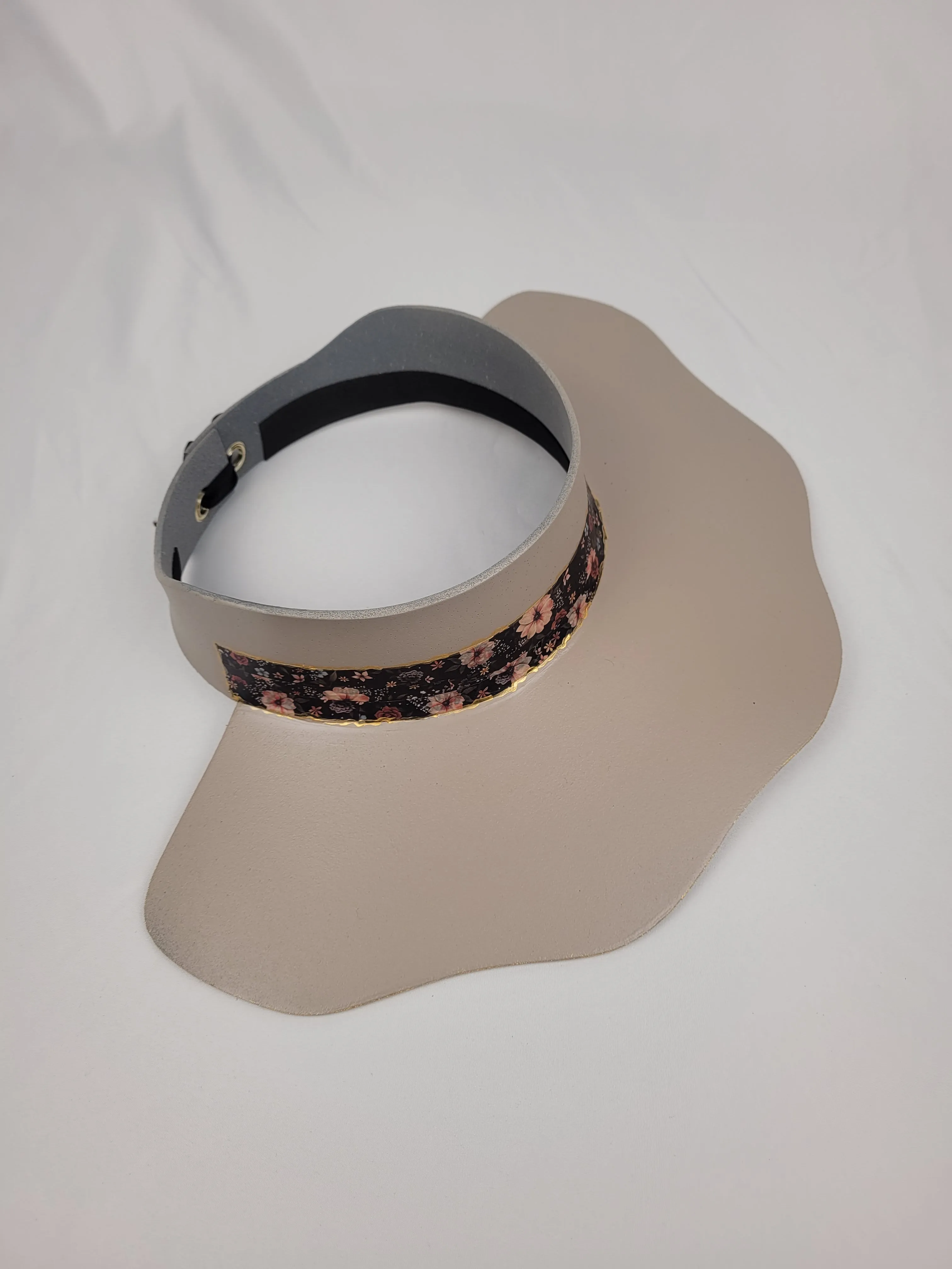 Taupe Lotus Visor Hat with Classy Black Band with Pink Floral Accents