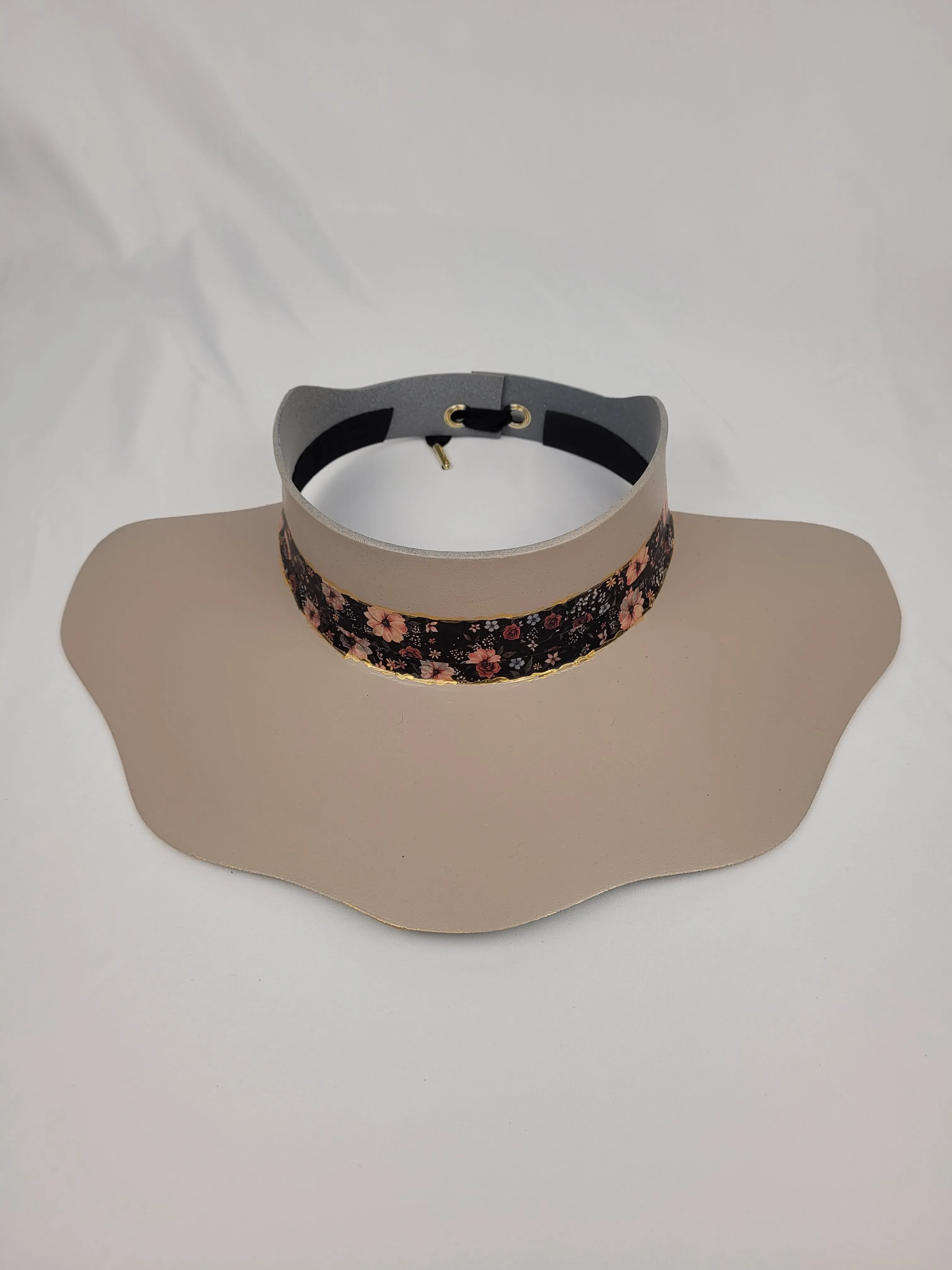 Taupe Lotus Visor Hat with Classy Black Band with Pink Floral Accents