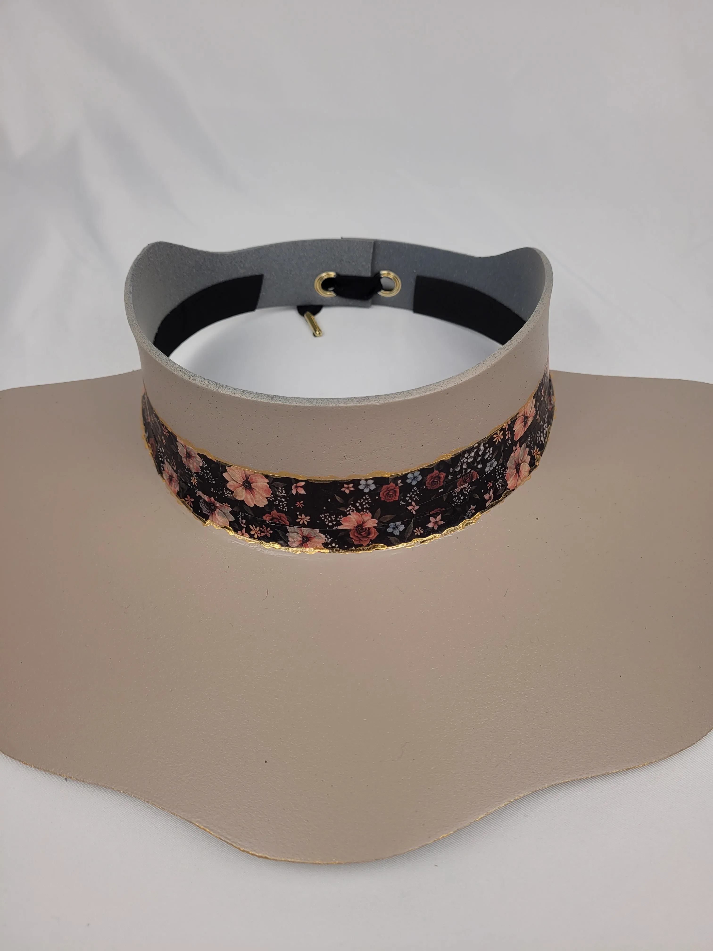 Taupe Lotus Visor Hat with Classy Black Band with Pink Floral Accents