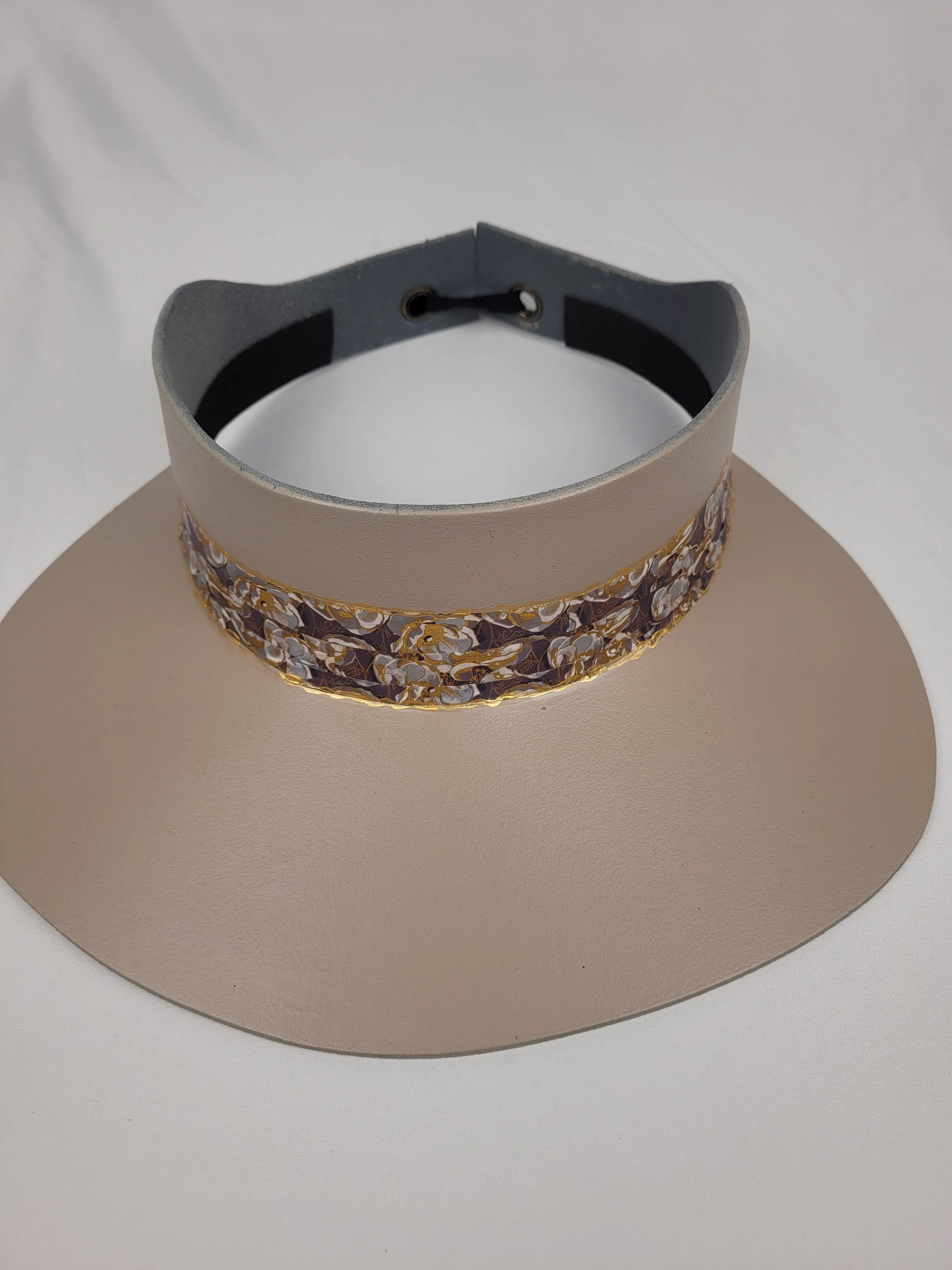 Taupe "LadyEVA" Visor Hat with Golden Floral Band