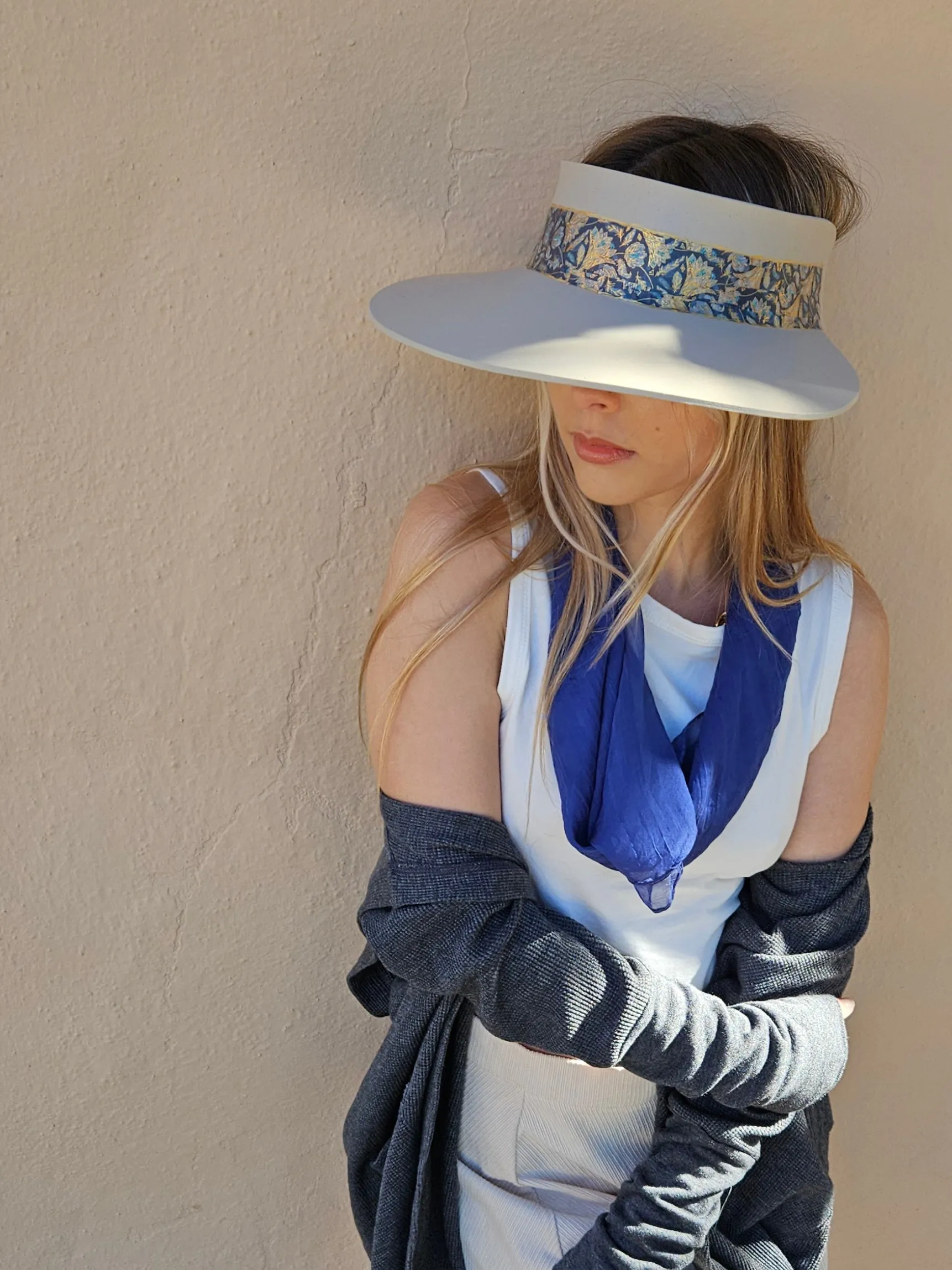 Taupe "LadyEVA" Visor Hat with Navy and Gold Floral Band