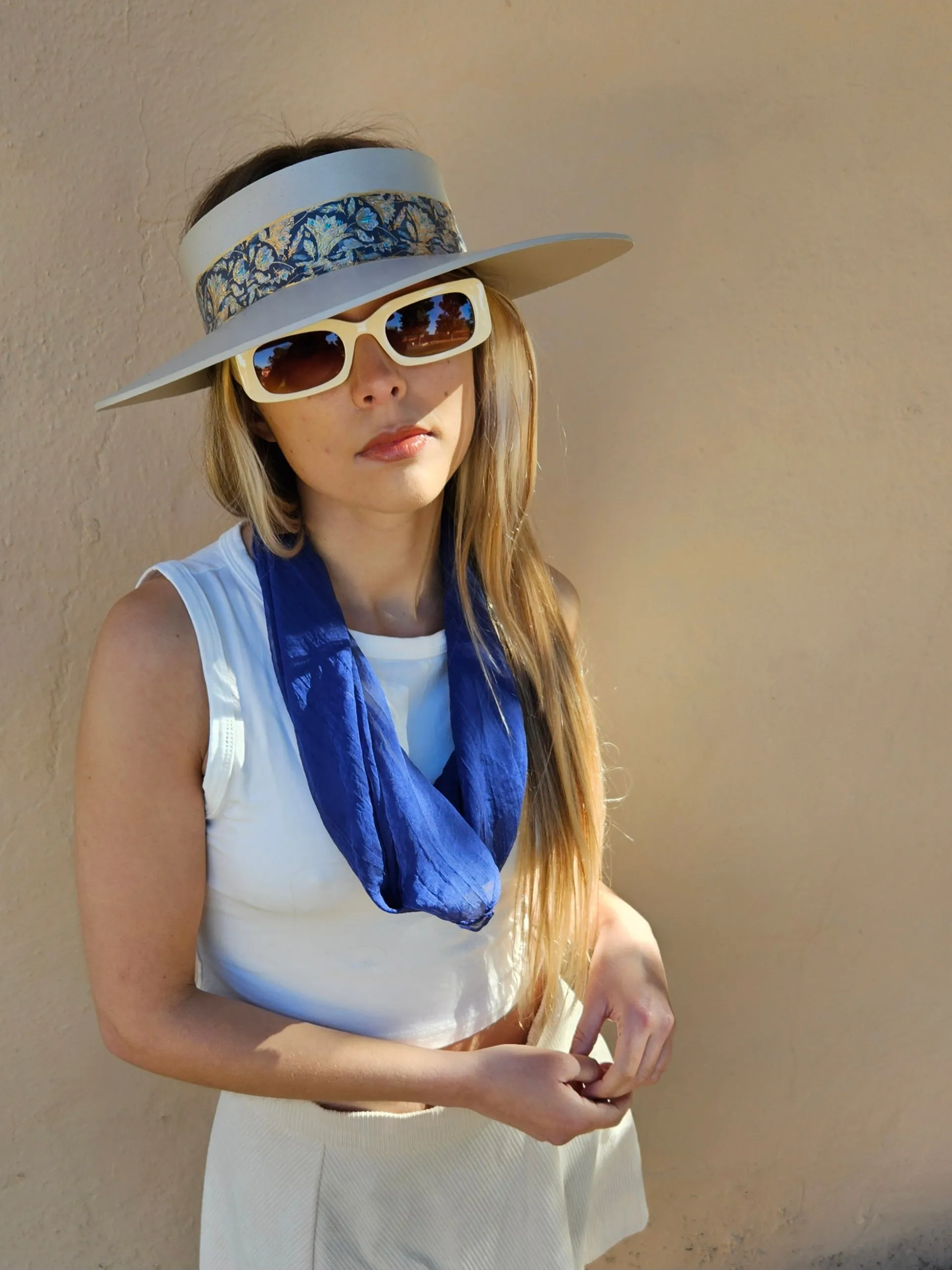 Taupe "LadyEVA" Visor Hat with Navy and Gold Floral Band