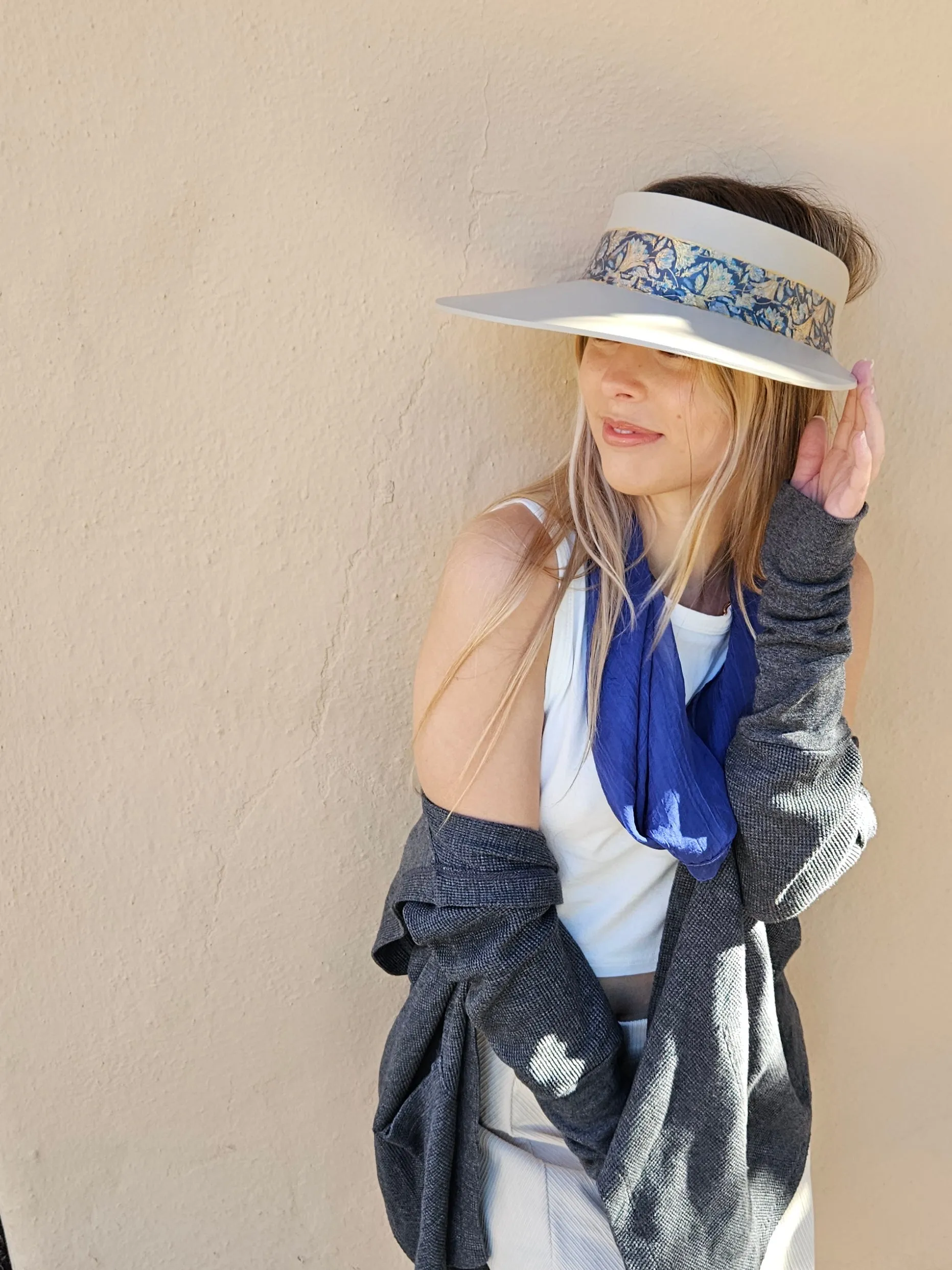 Taupe "LadyEVA" Visor Hat with Navy and Gold Floral Band