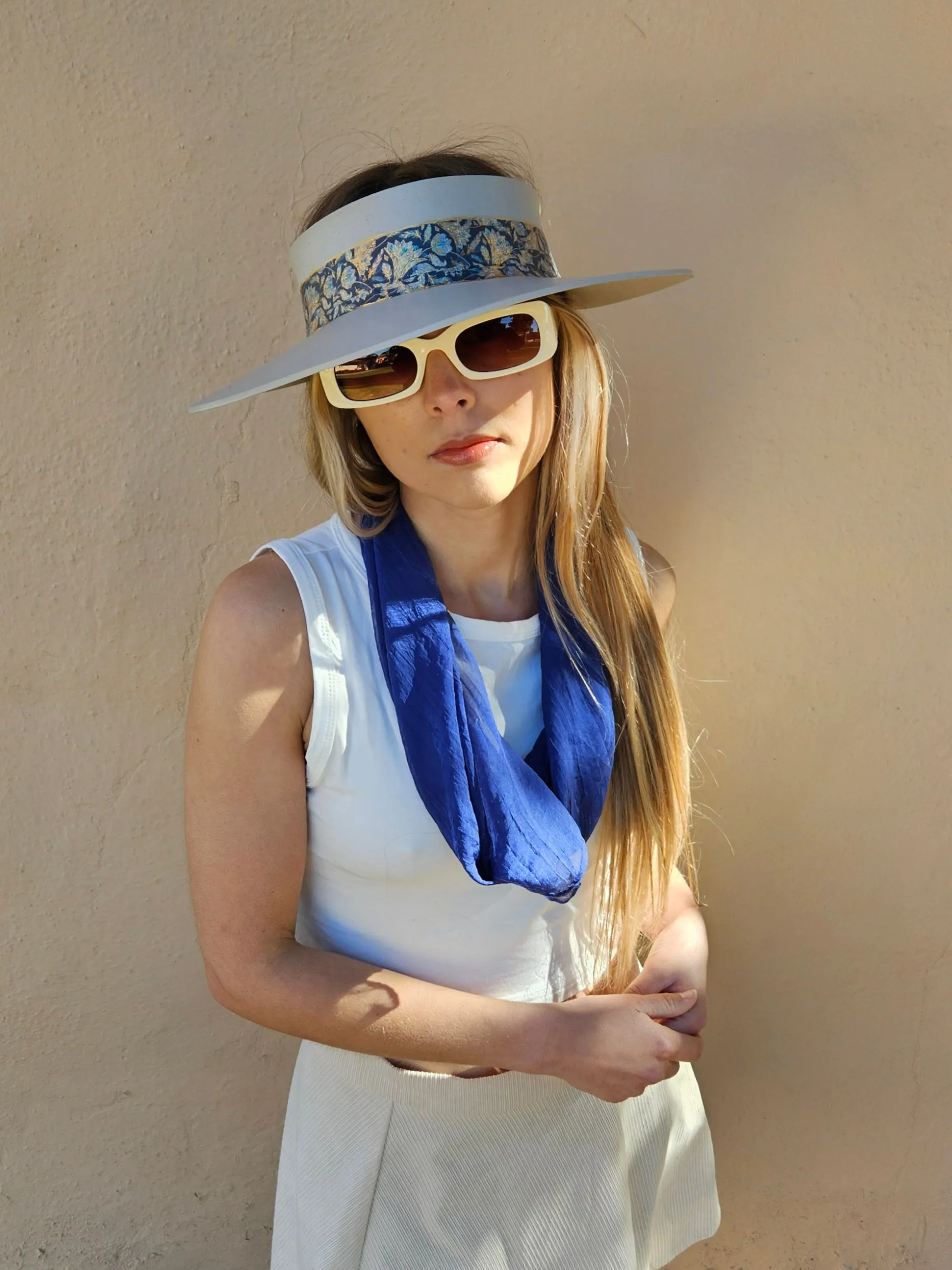 Taupe "LadyEVA" Visor Hat with Navy and Gold Floral Band