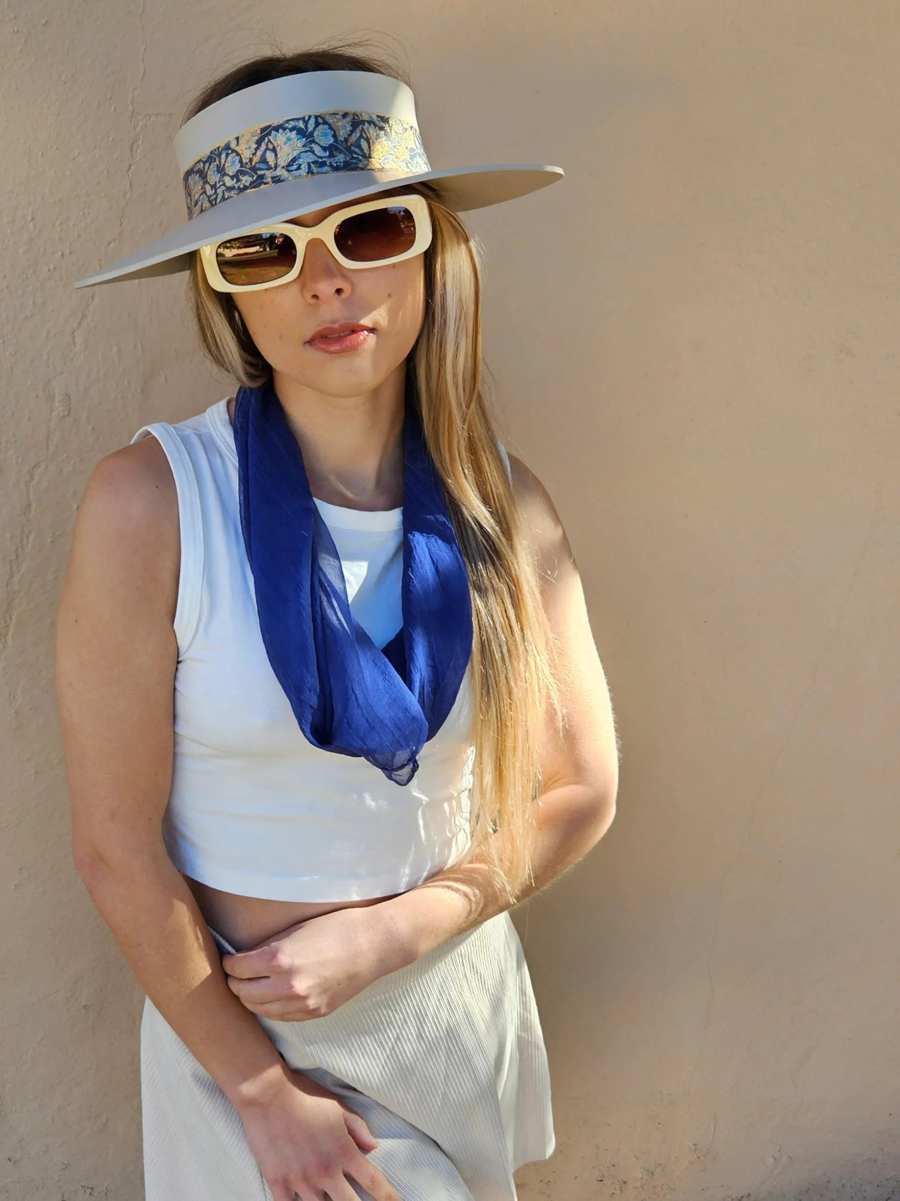 Taupe "LadyEVA" Visor Hat with Navy and Gold Floral Band