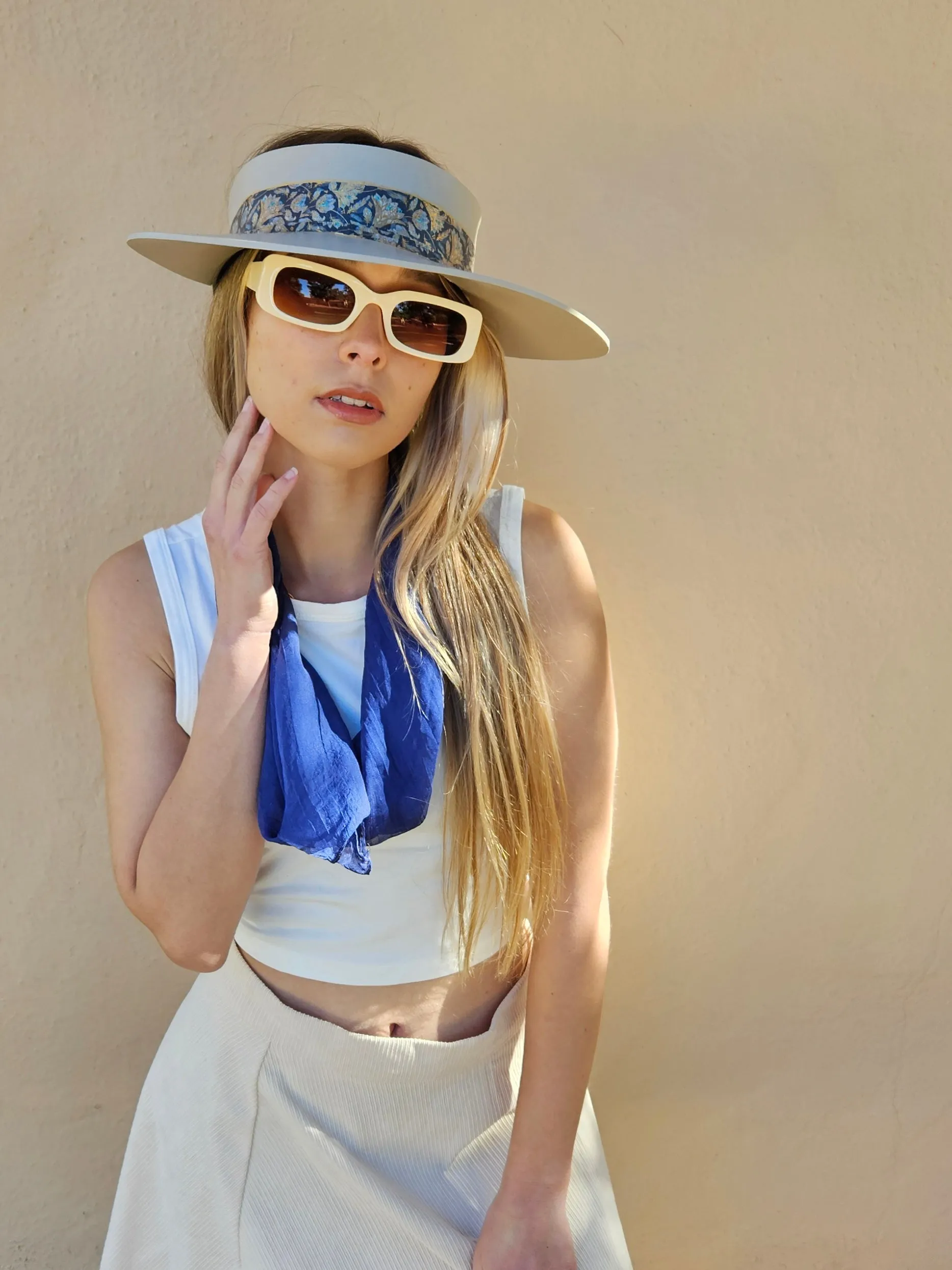 Taupe "LadyEVA" Visor Hat with Navy and Gold Floral Band