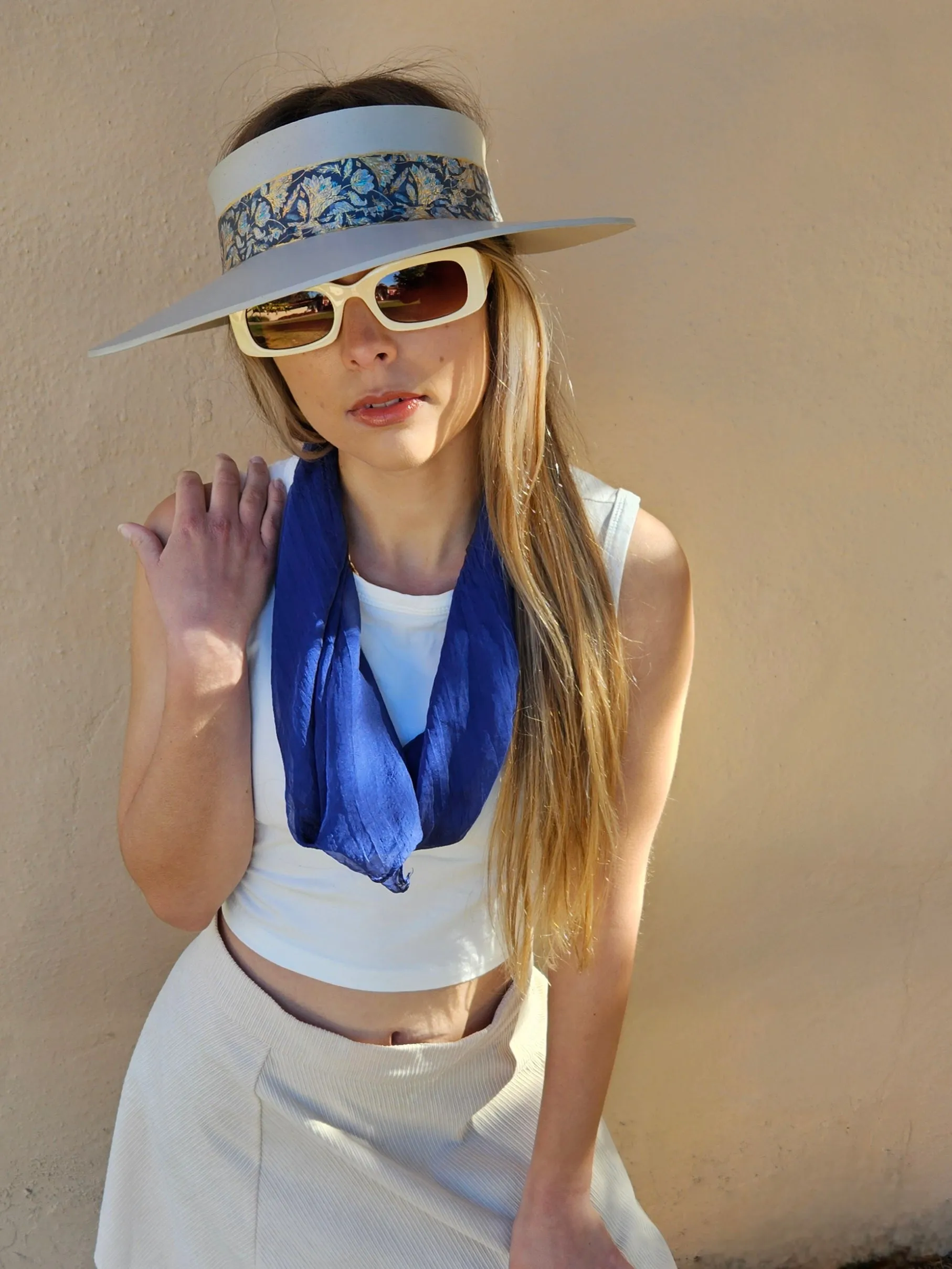 Taupe "LadyEVA" Visor Hat with Navy and Gold Floral Band