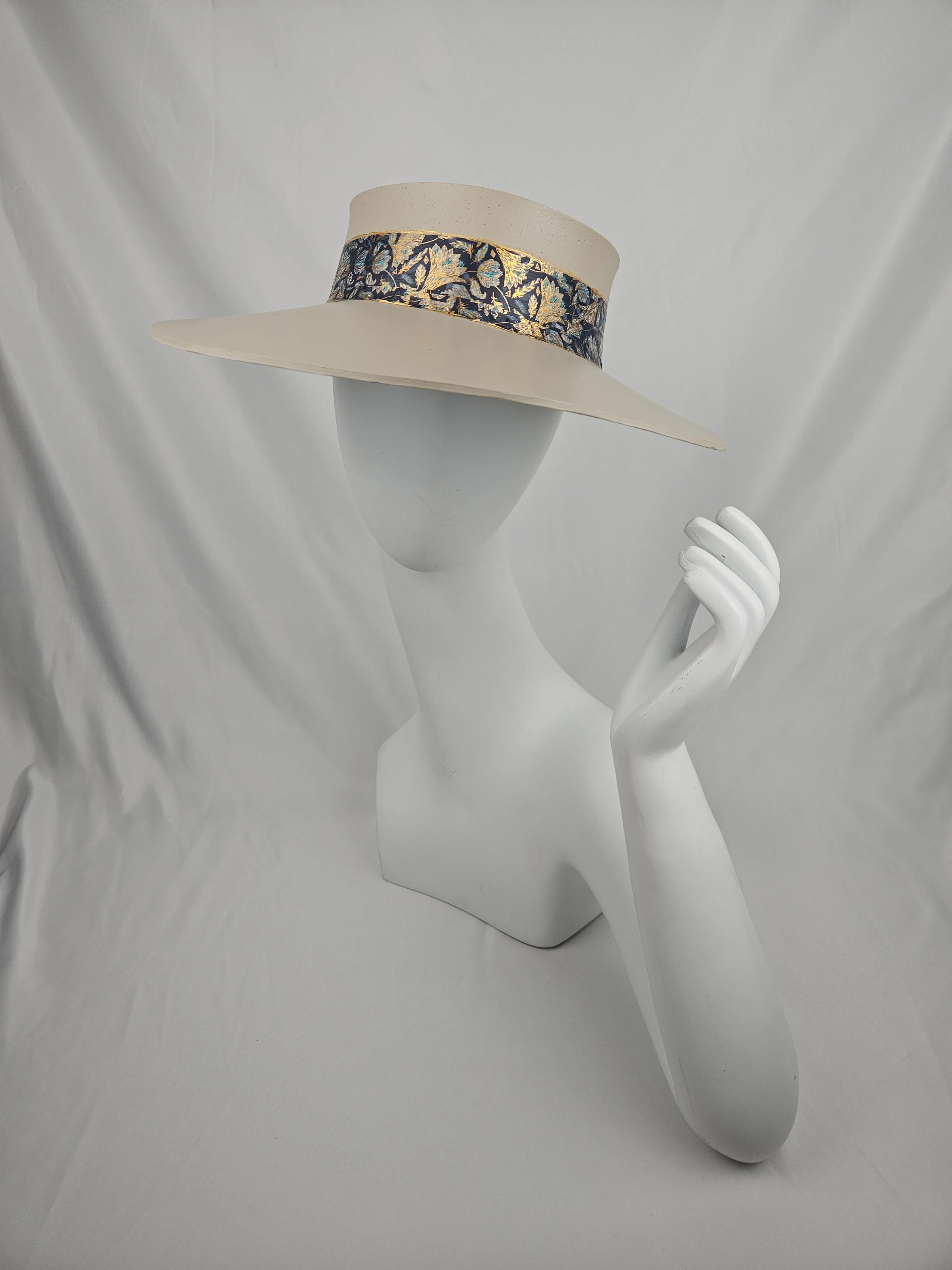 Taupe "LadyEVA" Visor Hat with Navy and Gold Floral Band