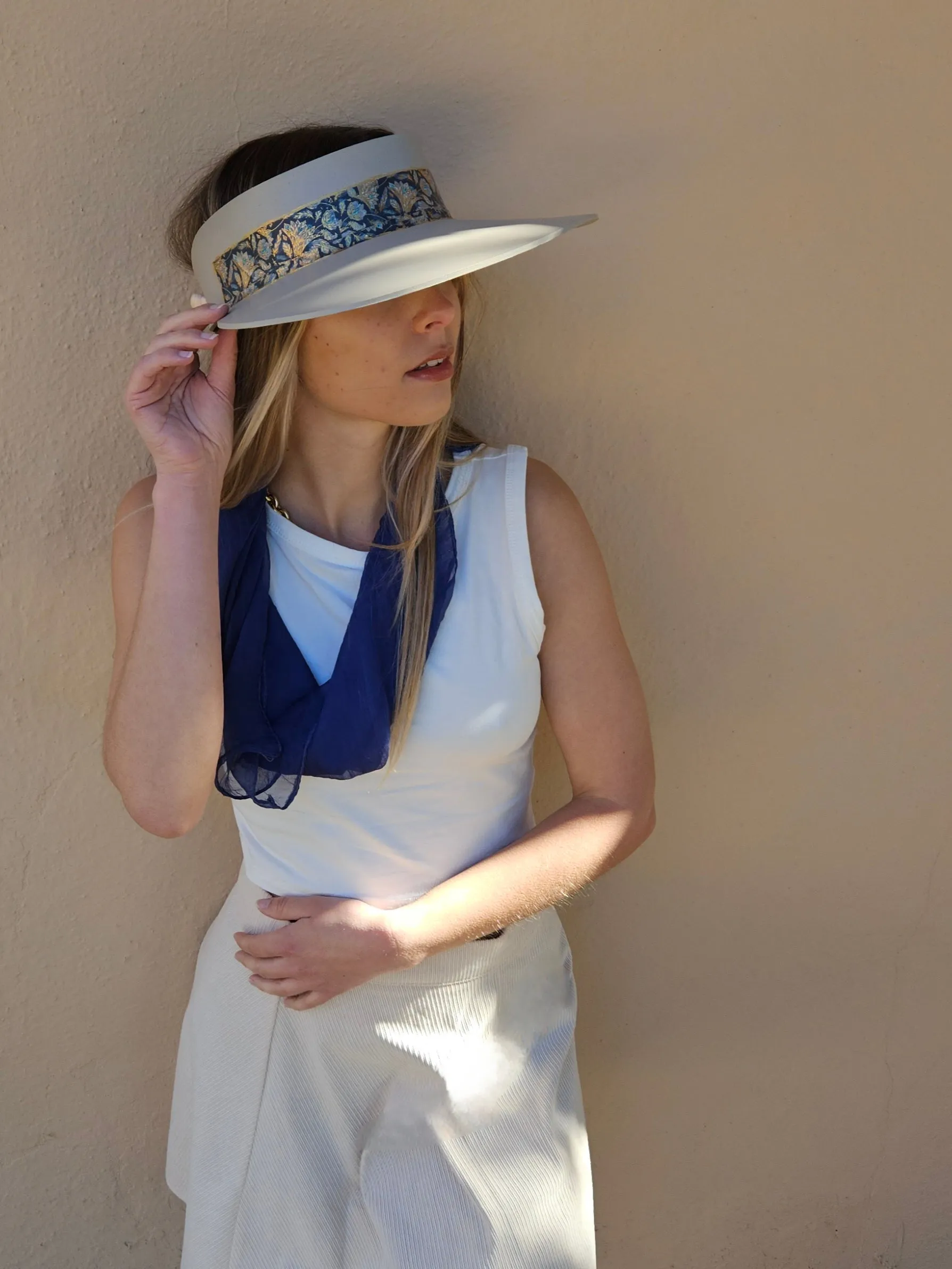 Taupe "LadyEVA" Visor Hat with Navy and Gold Floral Band