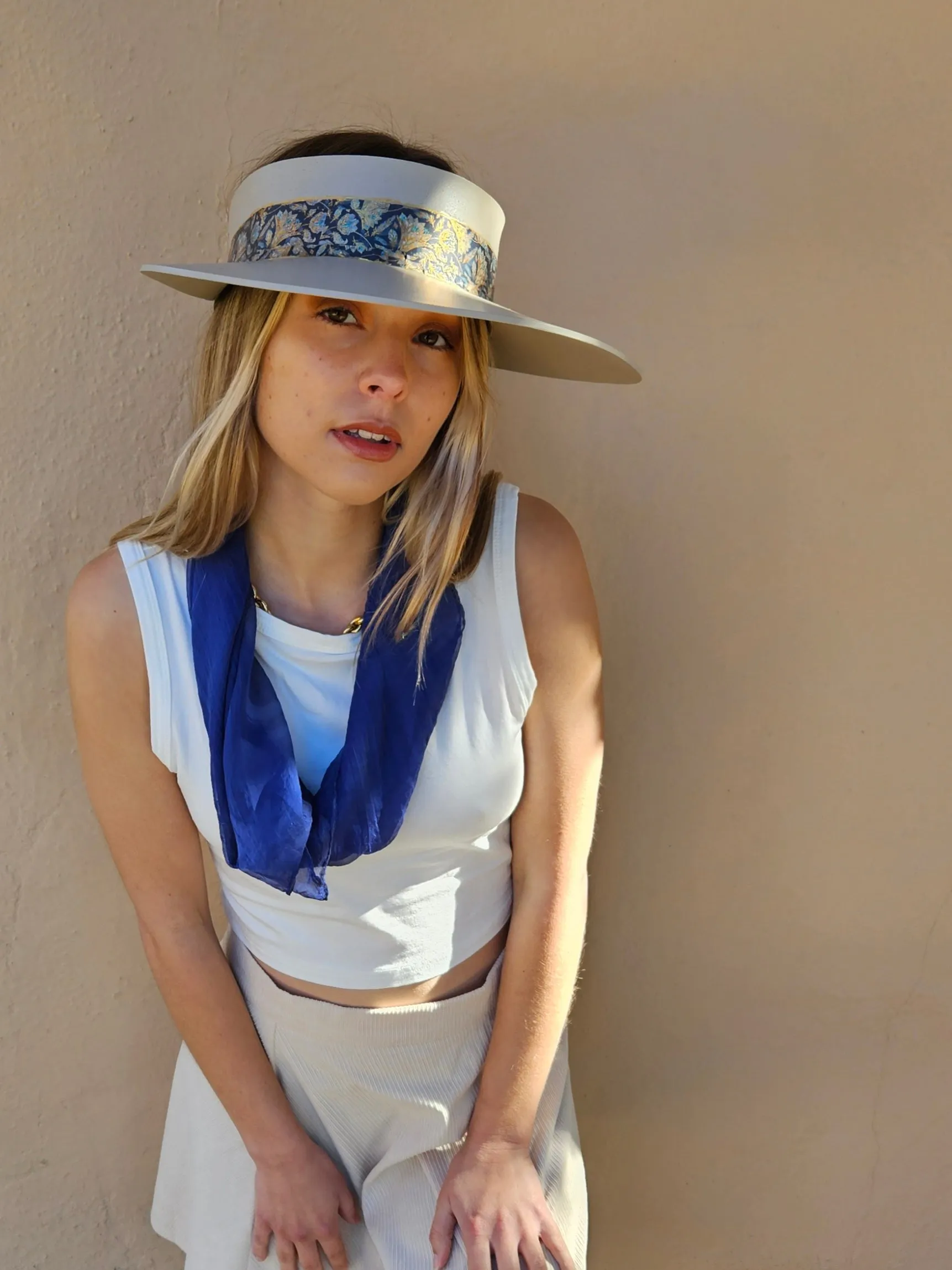 Taupe "LadyEVA" Visor Hat with Navy and Gold Floral Band