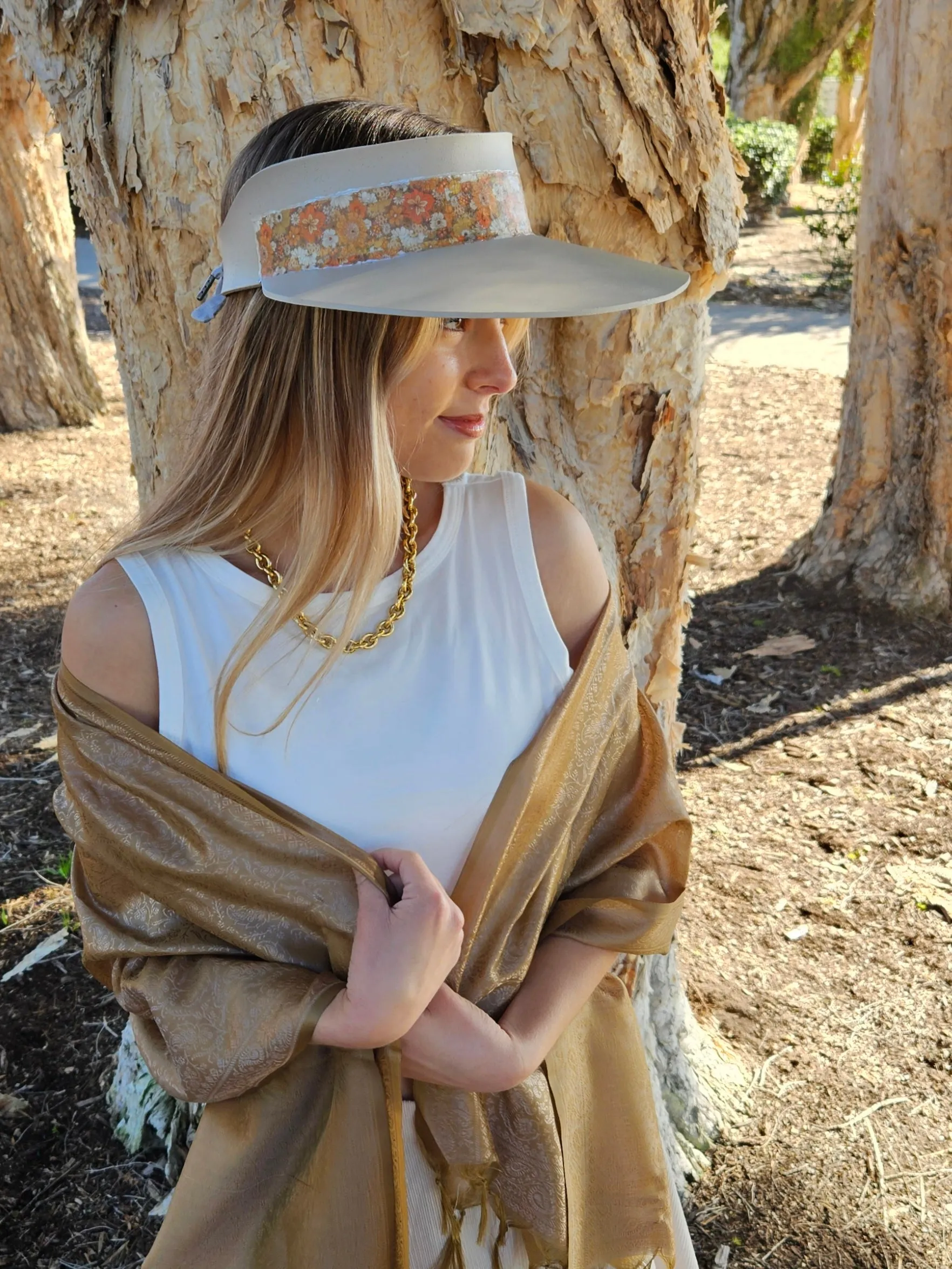 Taupe "LadyEVA" Visor Hat with Orange Floral Band