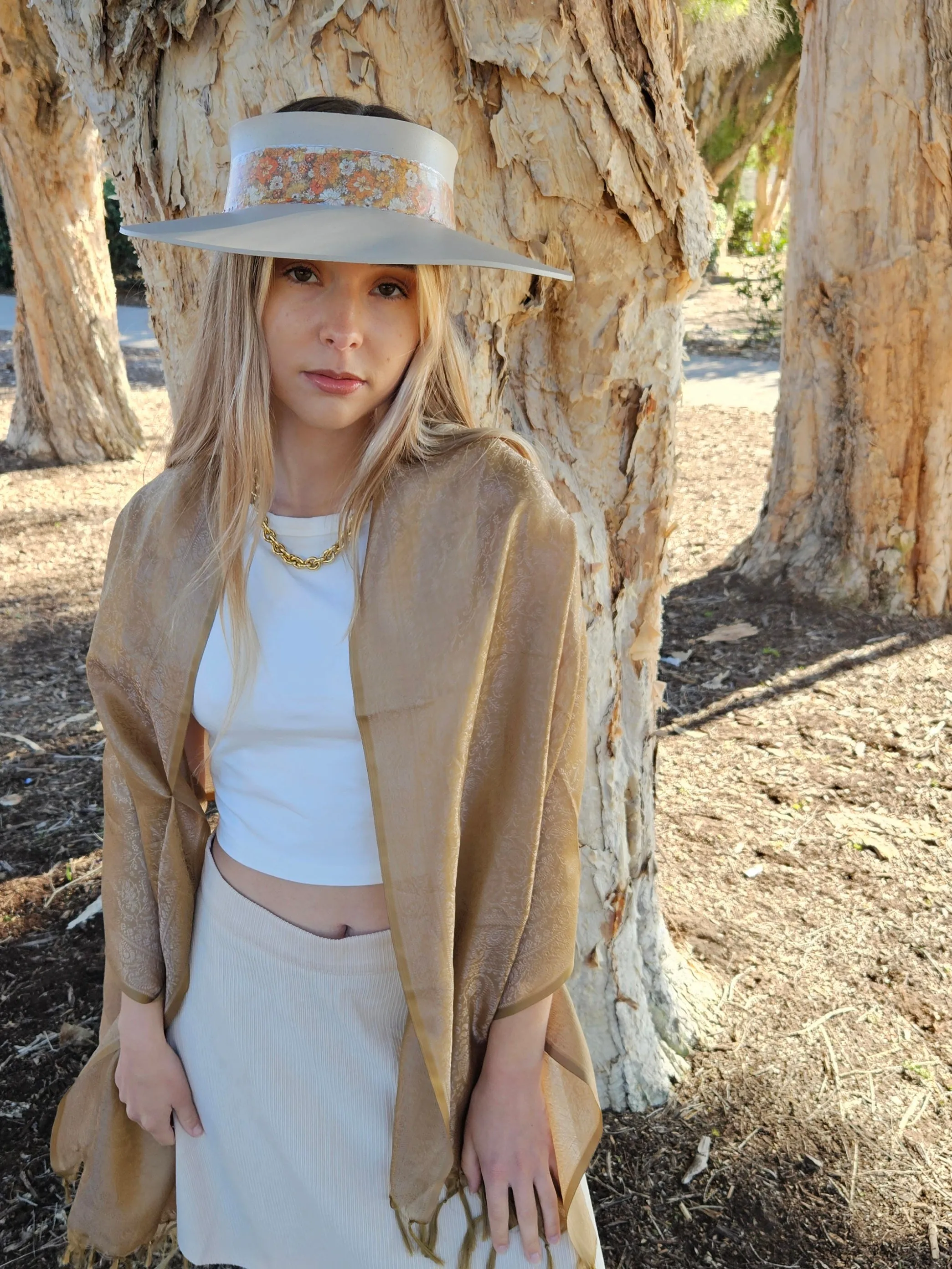 Taupe "LadyEVA" Visor Hat with Orange Floral Band