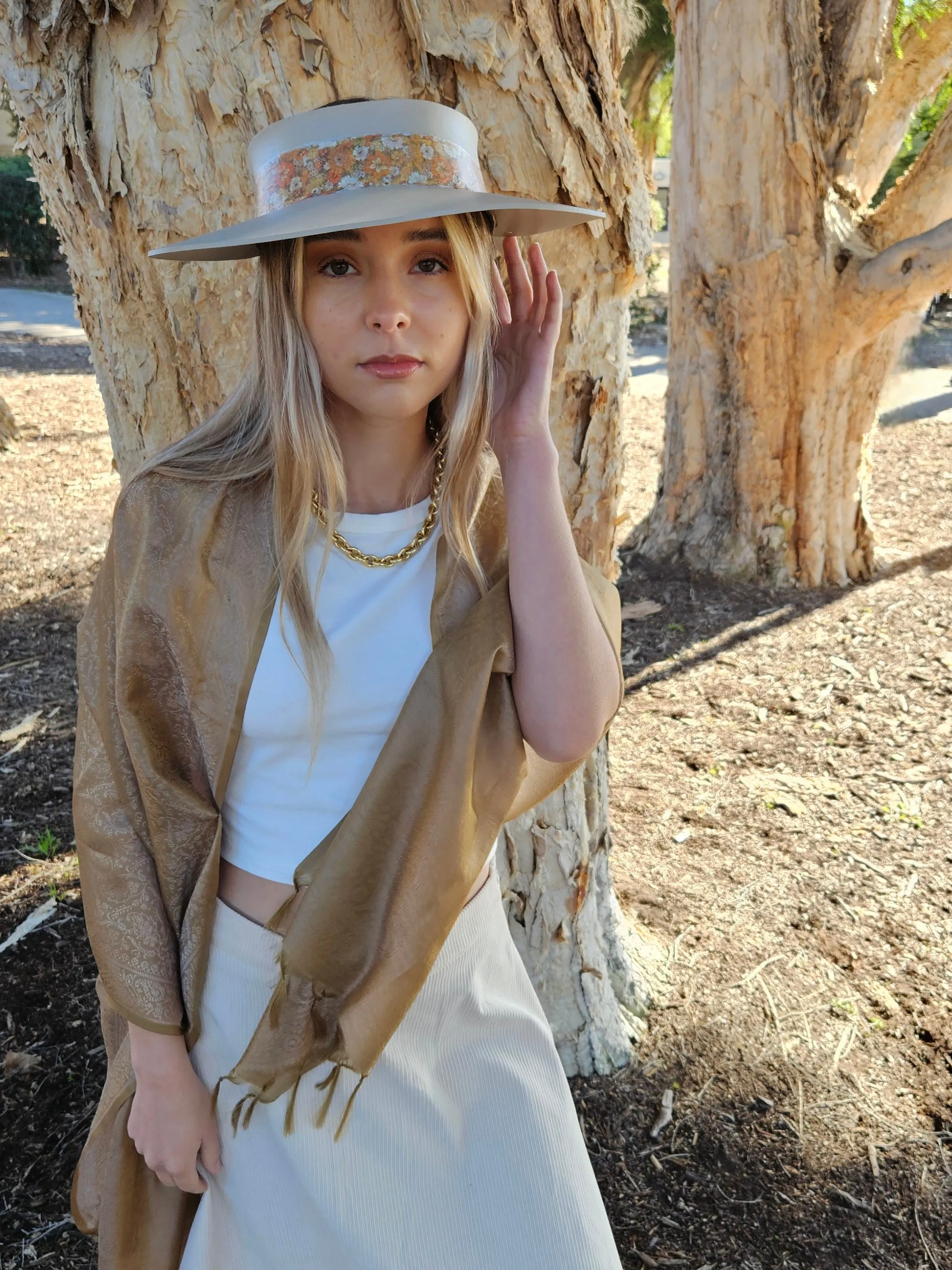 Taupe "LadyEVA" Visor Hat with Orange Floral Band