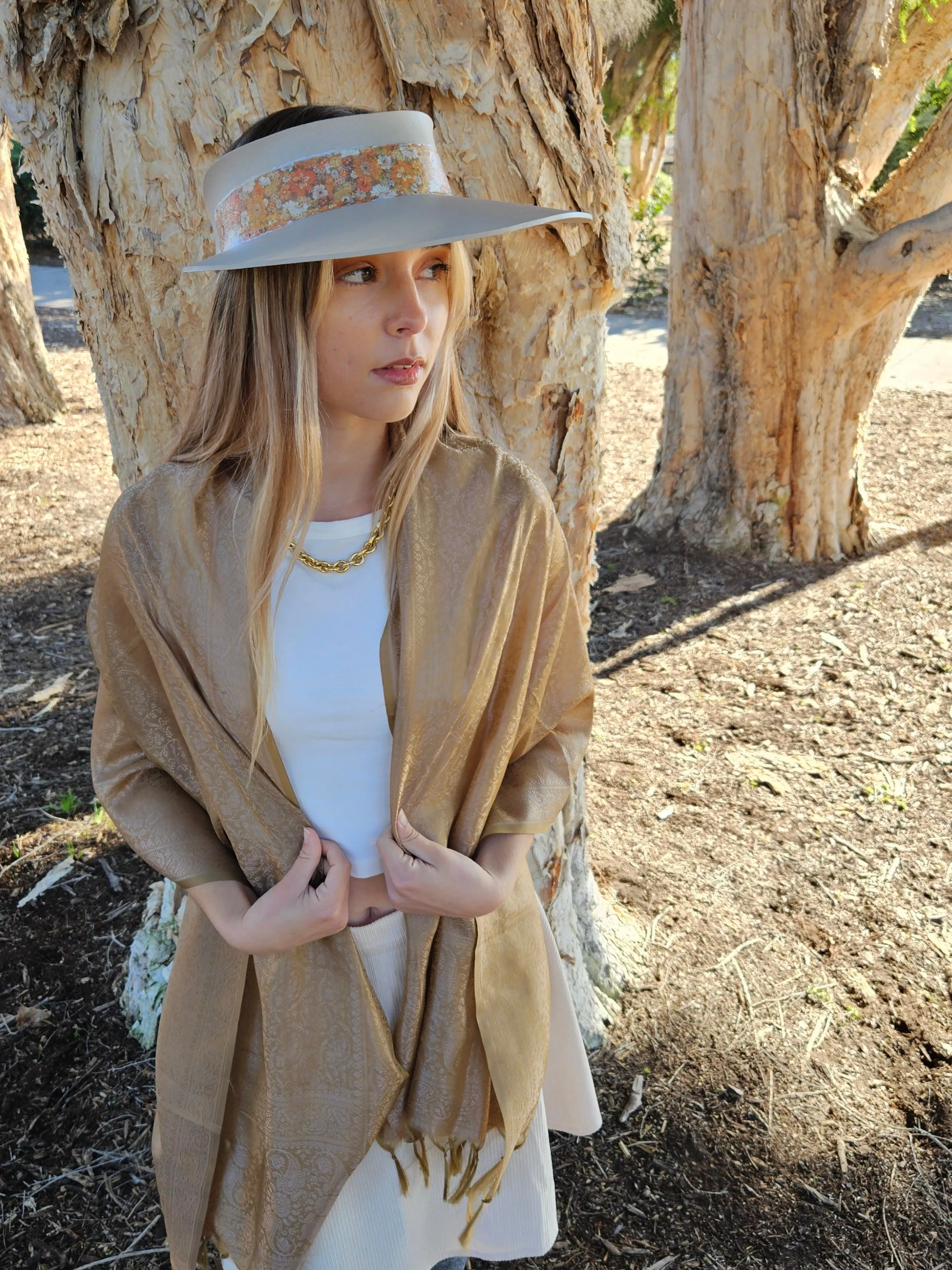 Taupe "LadyEVA" Visor Hat with Orange Floral Band