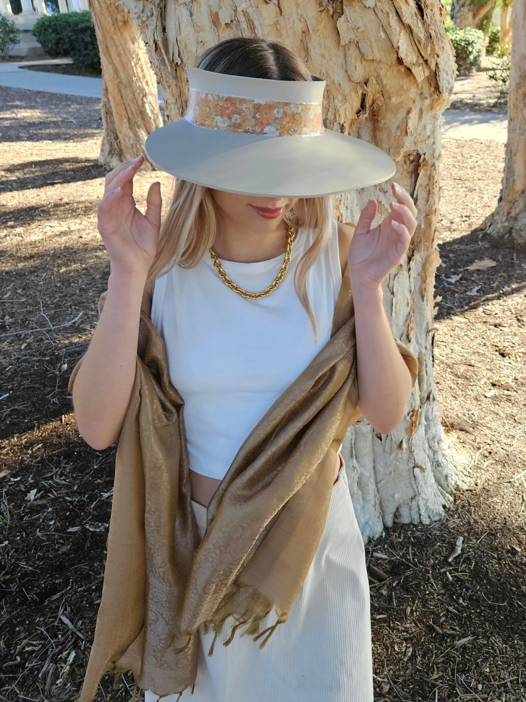 Taupe "LadyEVA" Visor Hat with Orange Floral Band